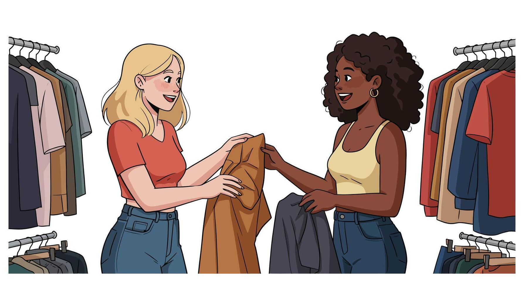 Two women exchanging clothes in a vibrant clothing store filled with colorful garments vector