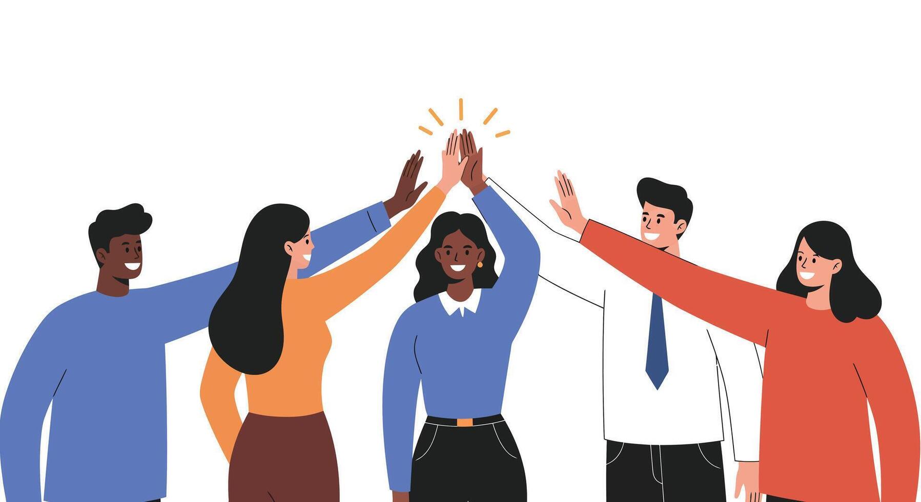 Diverse group of people celebrating success with high fives and smiles in a bright setting vector
