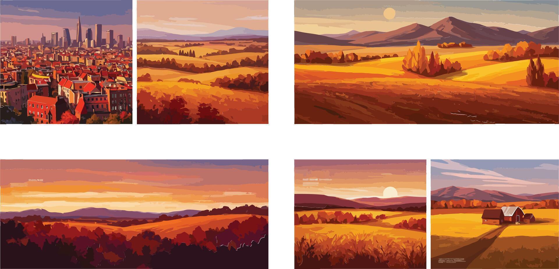 City skyline transitions to serene countryside landscape during sunset golden hour vector