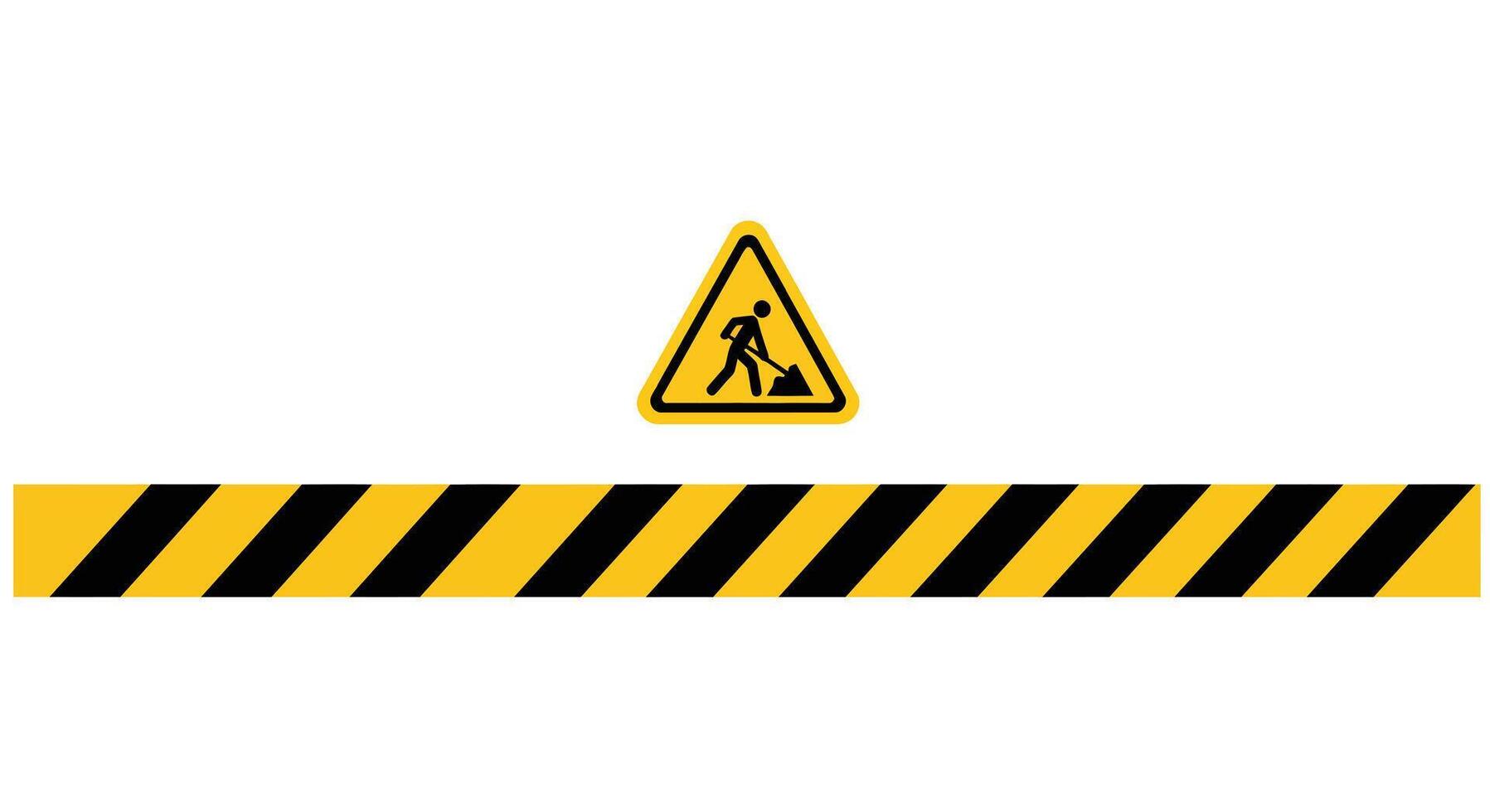 Caution sign indicating construction work with black and yellow striped barrier below vector