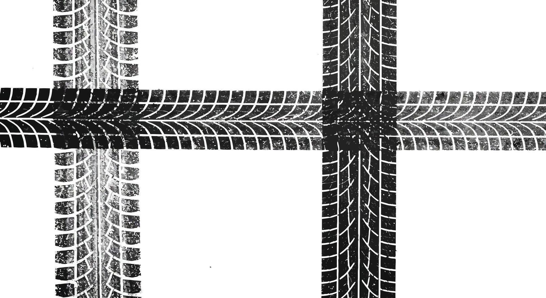 Tire tracks crossing each other on a white background creating a unique pattern vector