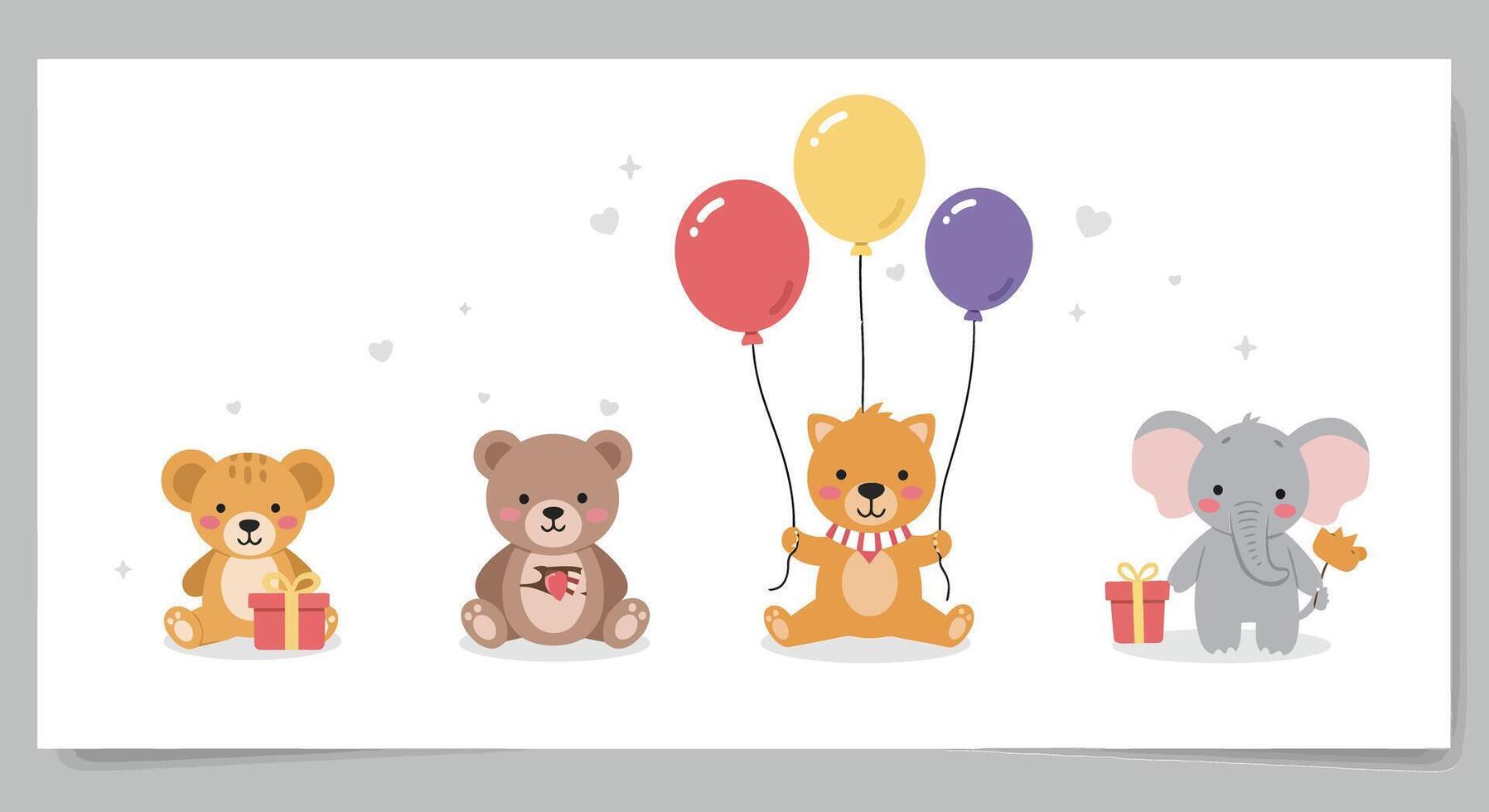 Cute cartoon animals with gifts and balloons celebrating a festive occasion together vector