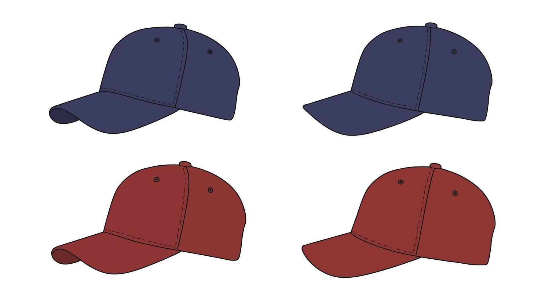 Two sets of baseball caps in blue and red displayed in four variations vector