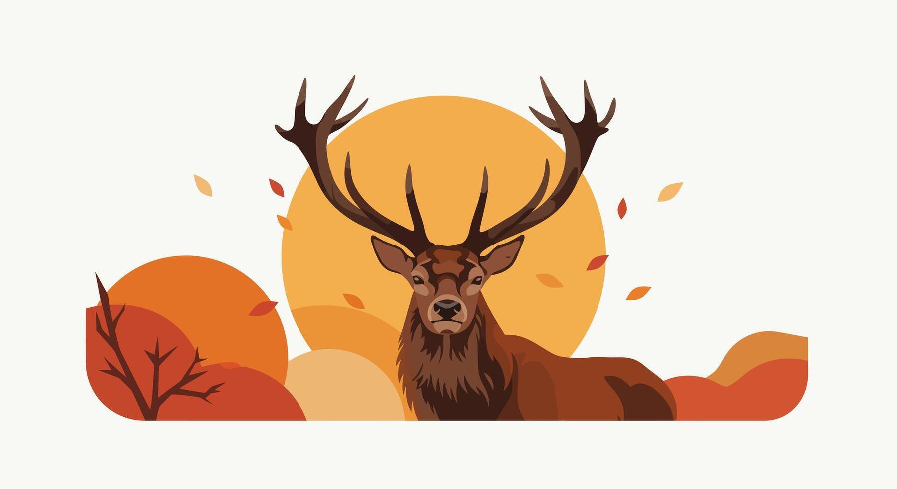 Majestic deer resting against a vibrant sunset with autumn foliage in background vector
