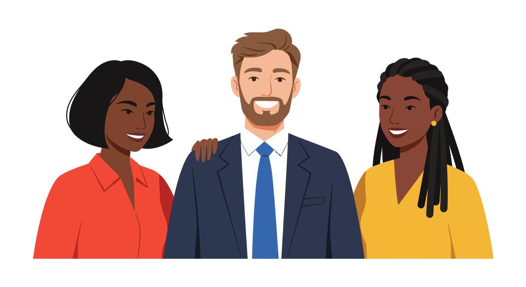 Three professionals smiling together in a friendly and collaborative office setting vector