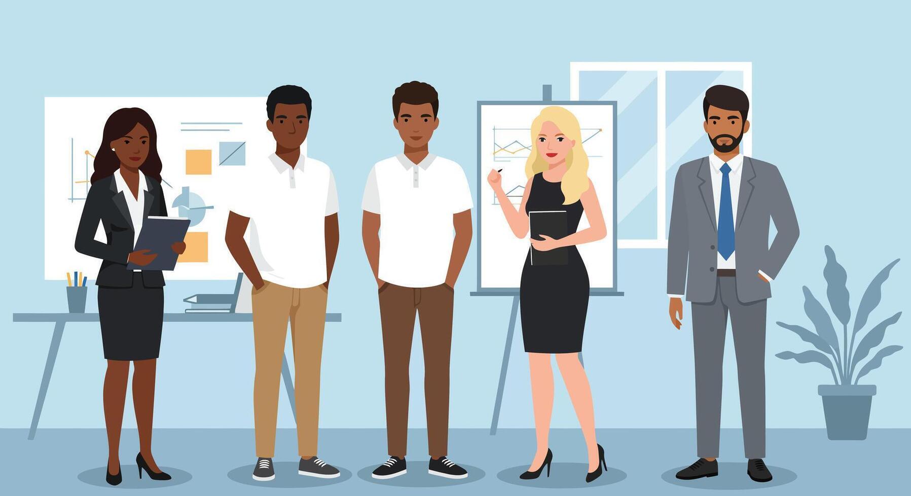 Group of professionals discussing ideas in a modern office environment with presentation materials vector