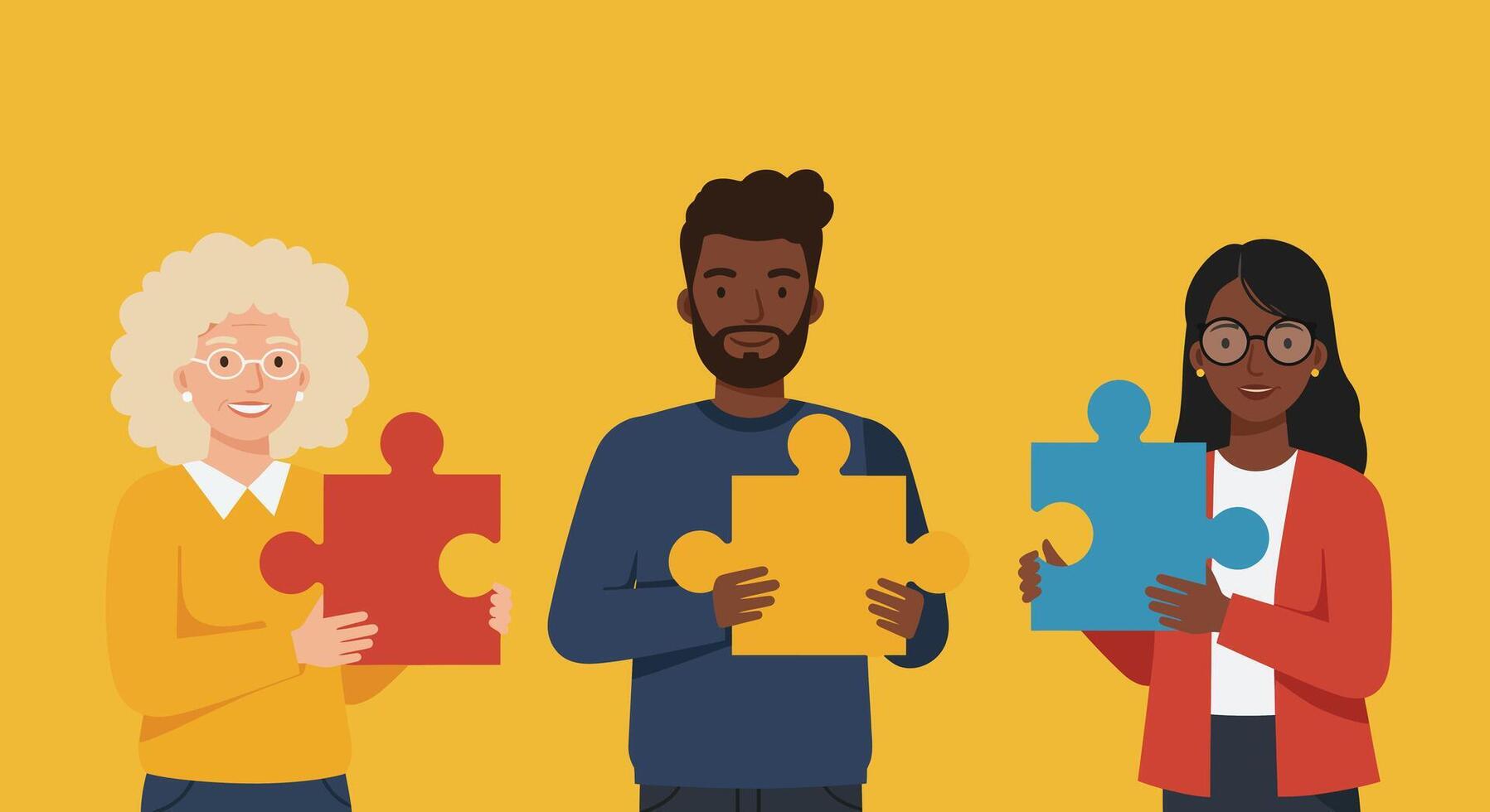 Three diverse individuals holding colorful puzzle pieces against a yellow background vector