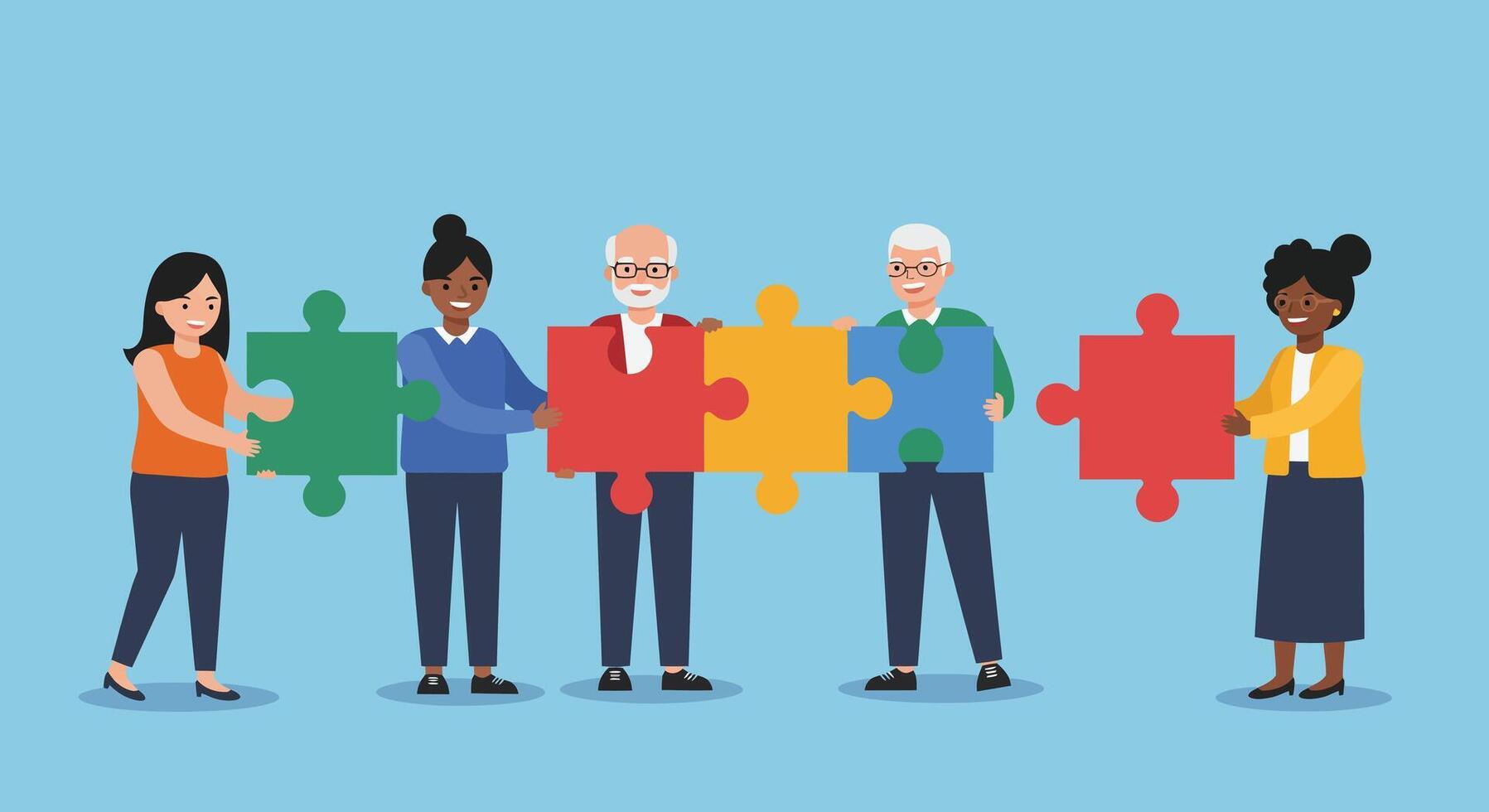 Diverse group of people holding colorful puzzle pieces in a collaborative setting vector