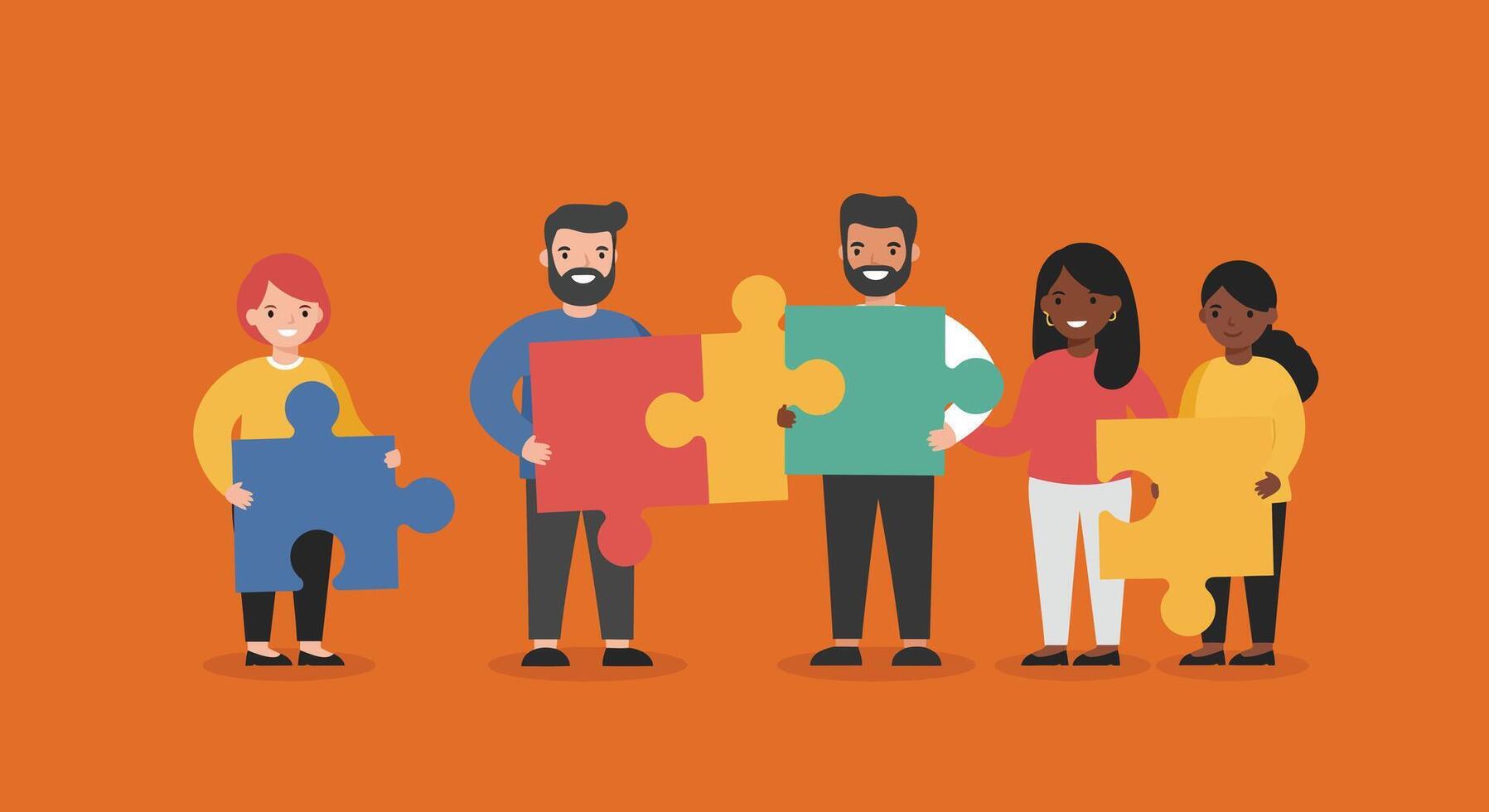 Diverse group of people collaborating to assemble colorful puzzle pieces together vector