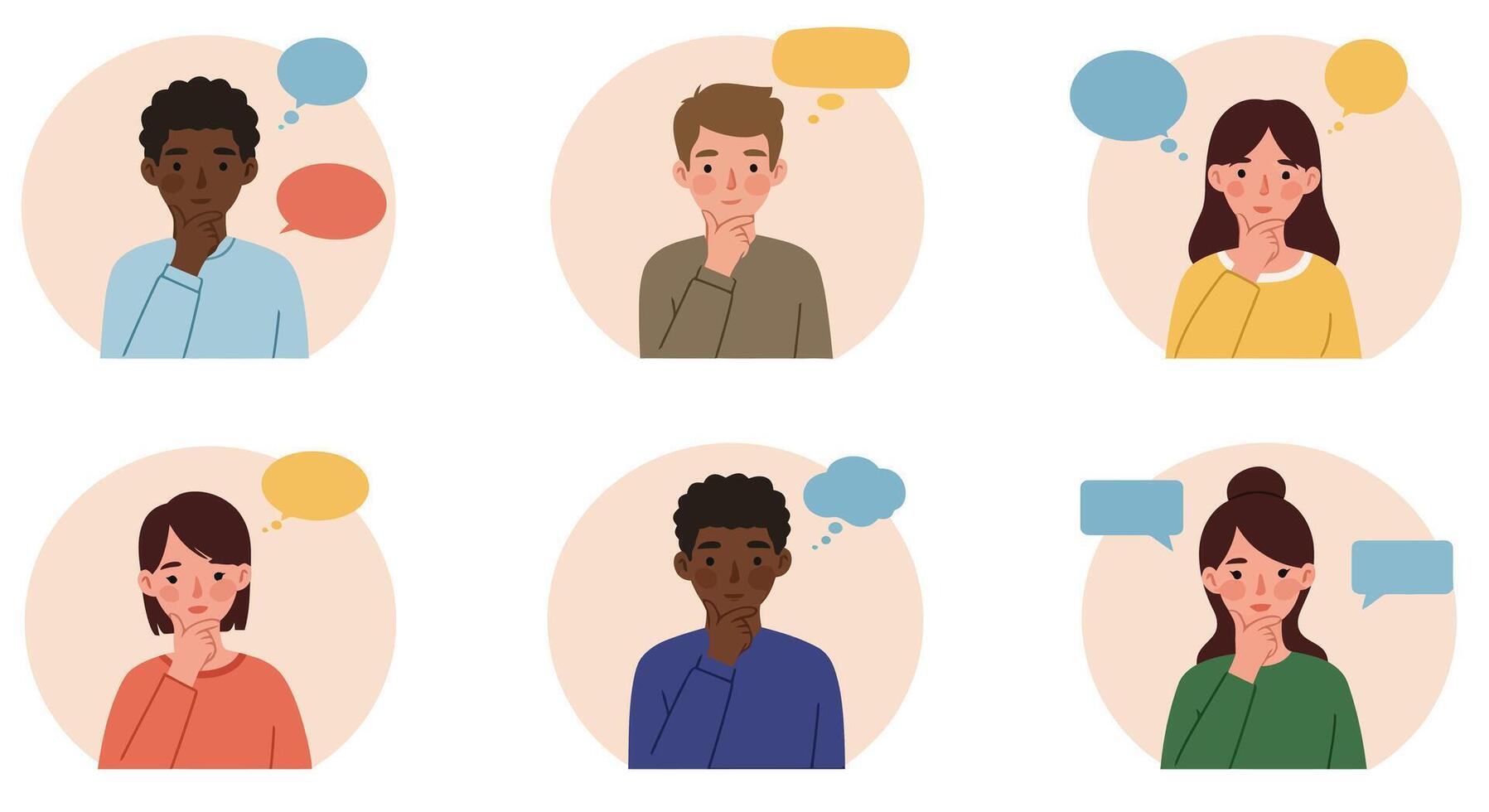 Six diverse characters displaying various emotions and expressions in conversation bubbles vector