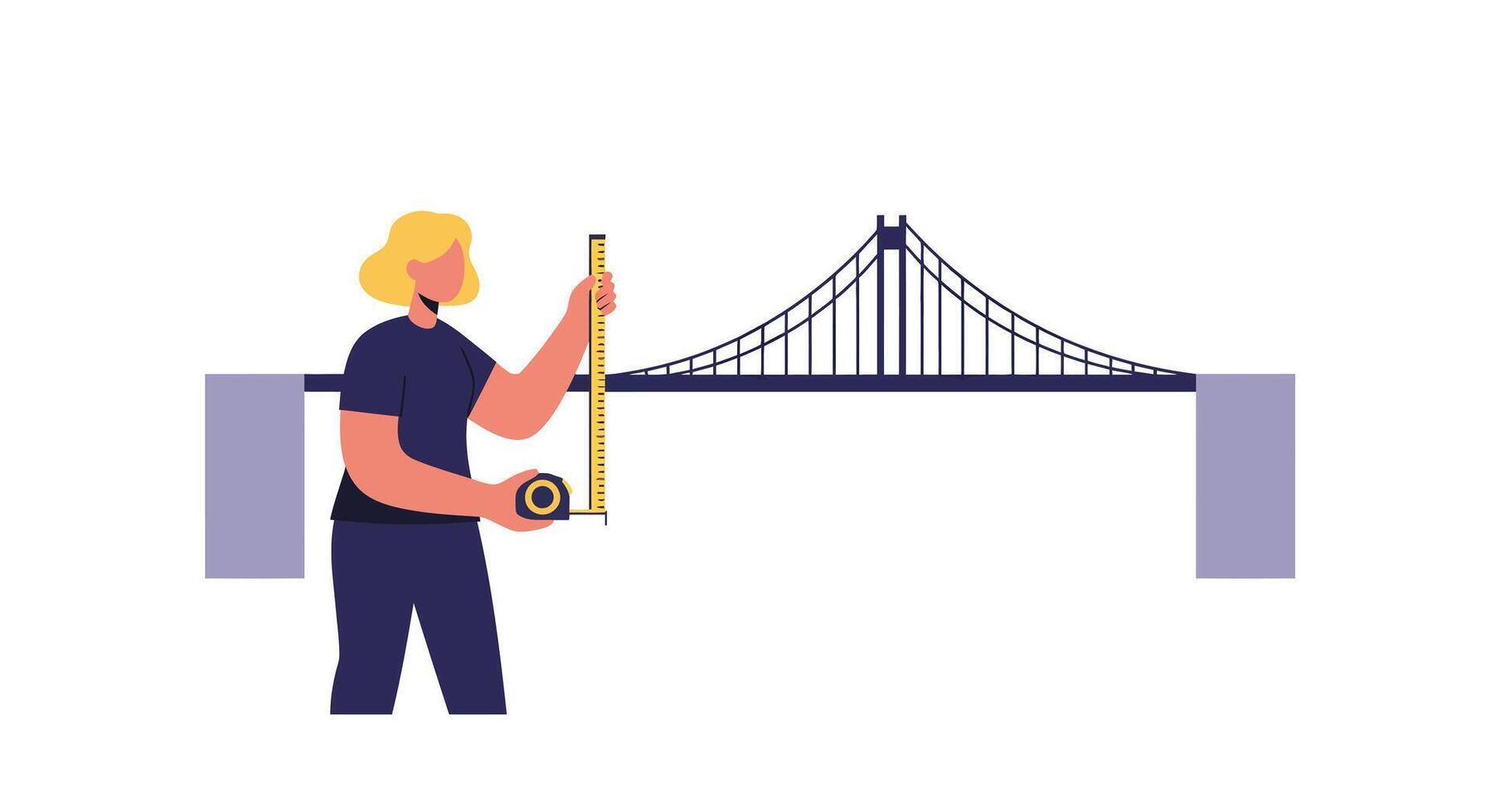 Worker measuring bridge span with tape in flat art vector