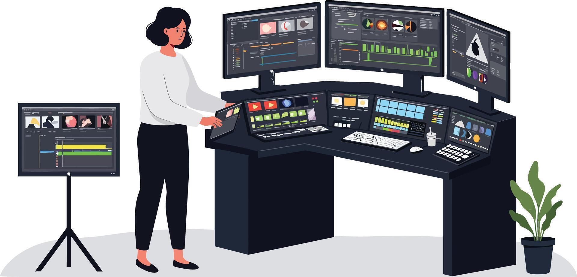 Woman operating multiple screens in a flat design style art vector