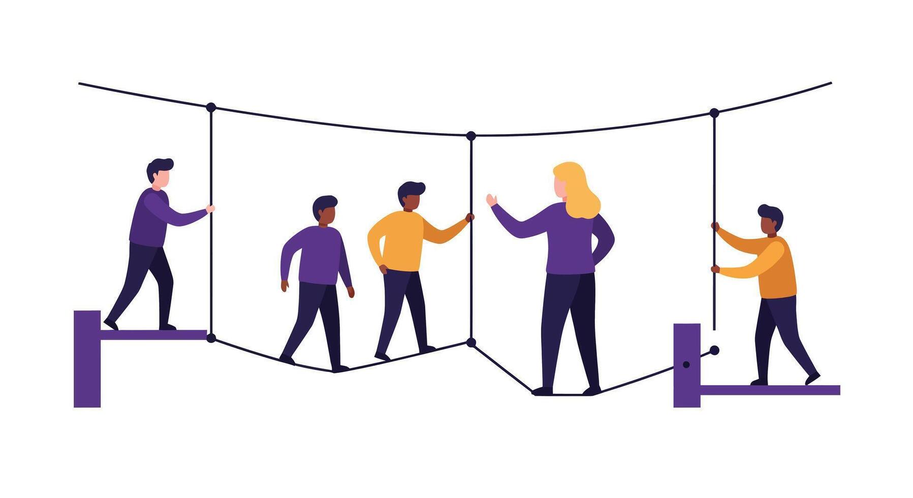 Group of people balancing on a tightrope in flat art vector