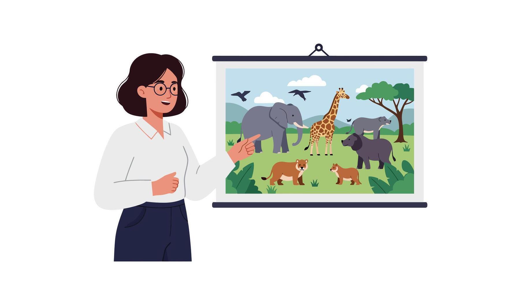 Woman presenting animal illustration on a screen in flat art vector