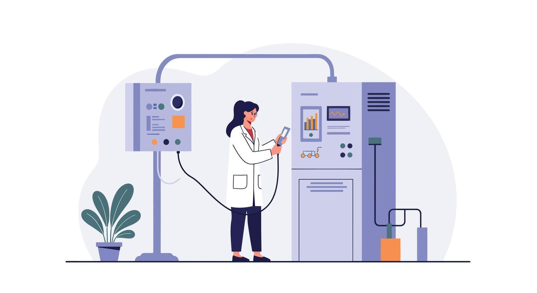 Scientist interacting with laboratory equipment in flat art style illustration vector