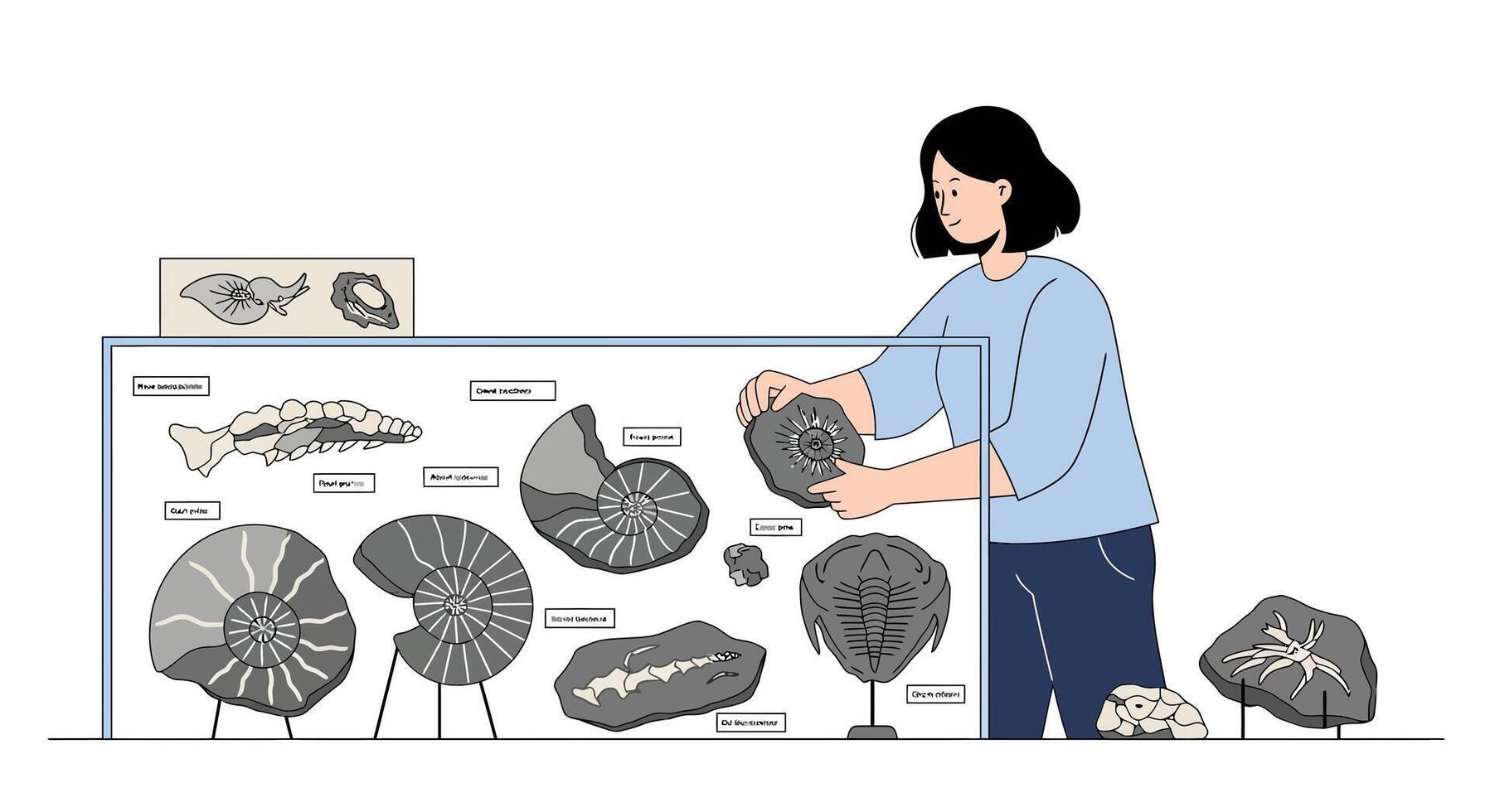 Woman arranging fossils in a display case with minimal colors and flat design art vector
