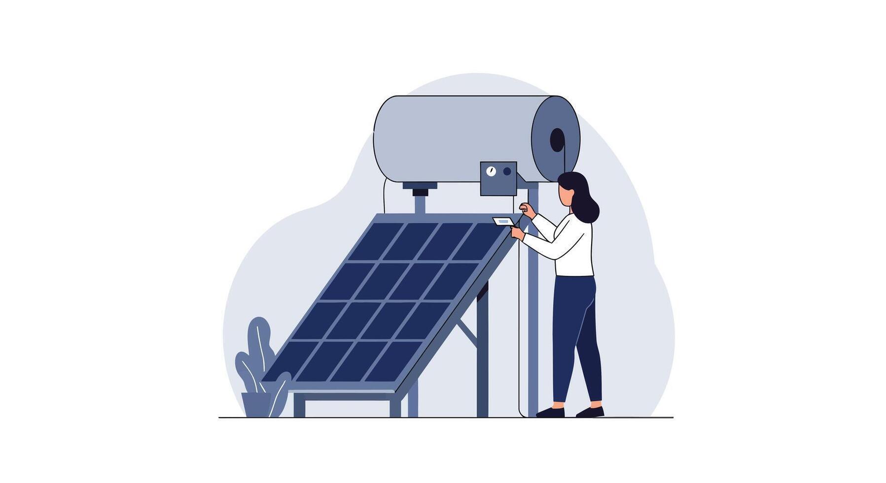 Technician inspecting solar panel system in minimal flat art vector