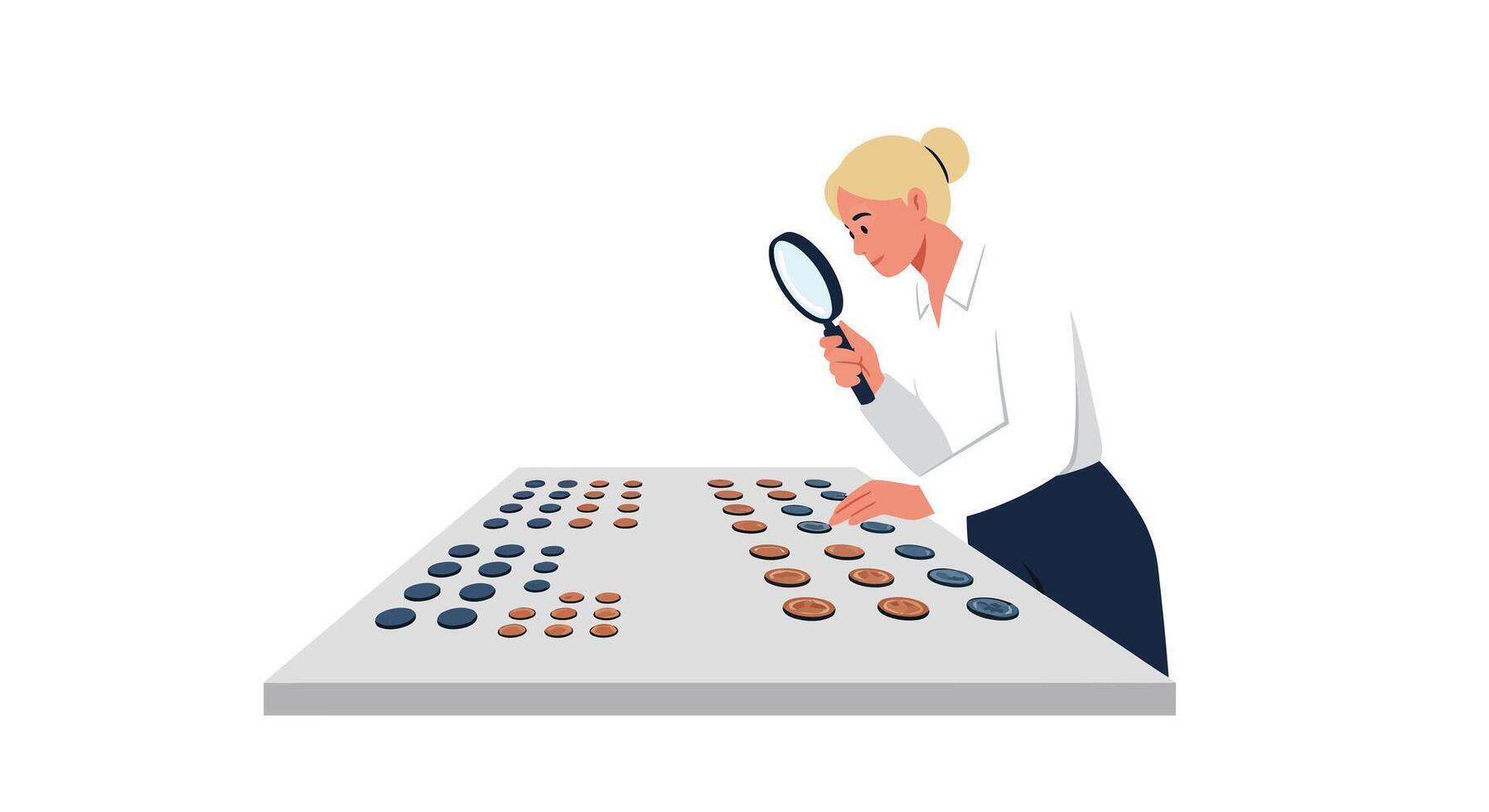 Woman inspecting coins on a table in flat art style vector