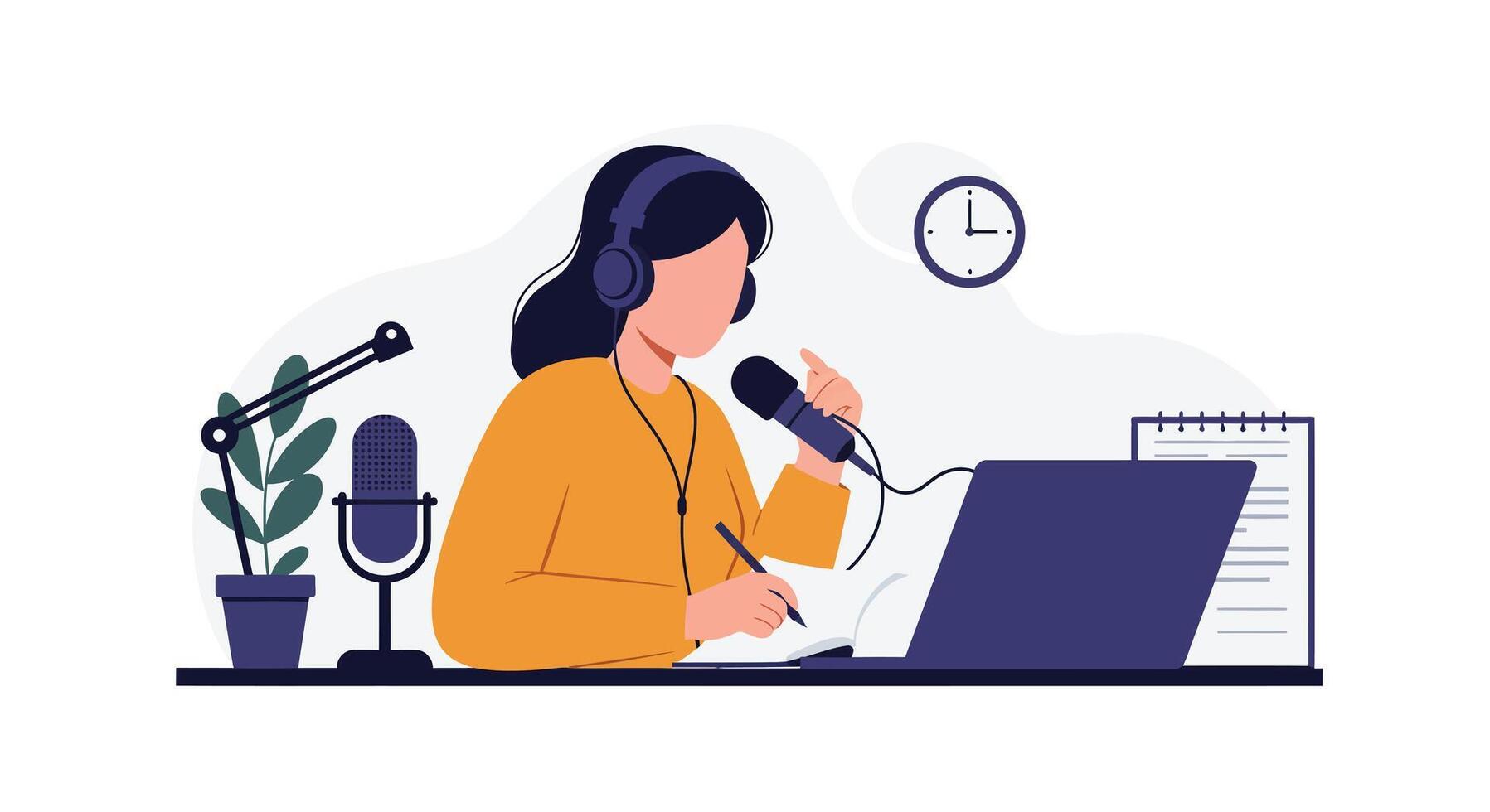 Person speaking into microphone while working on laptop in flat art vector