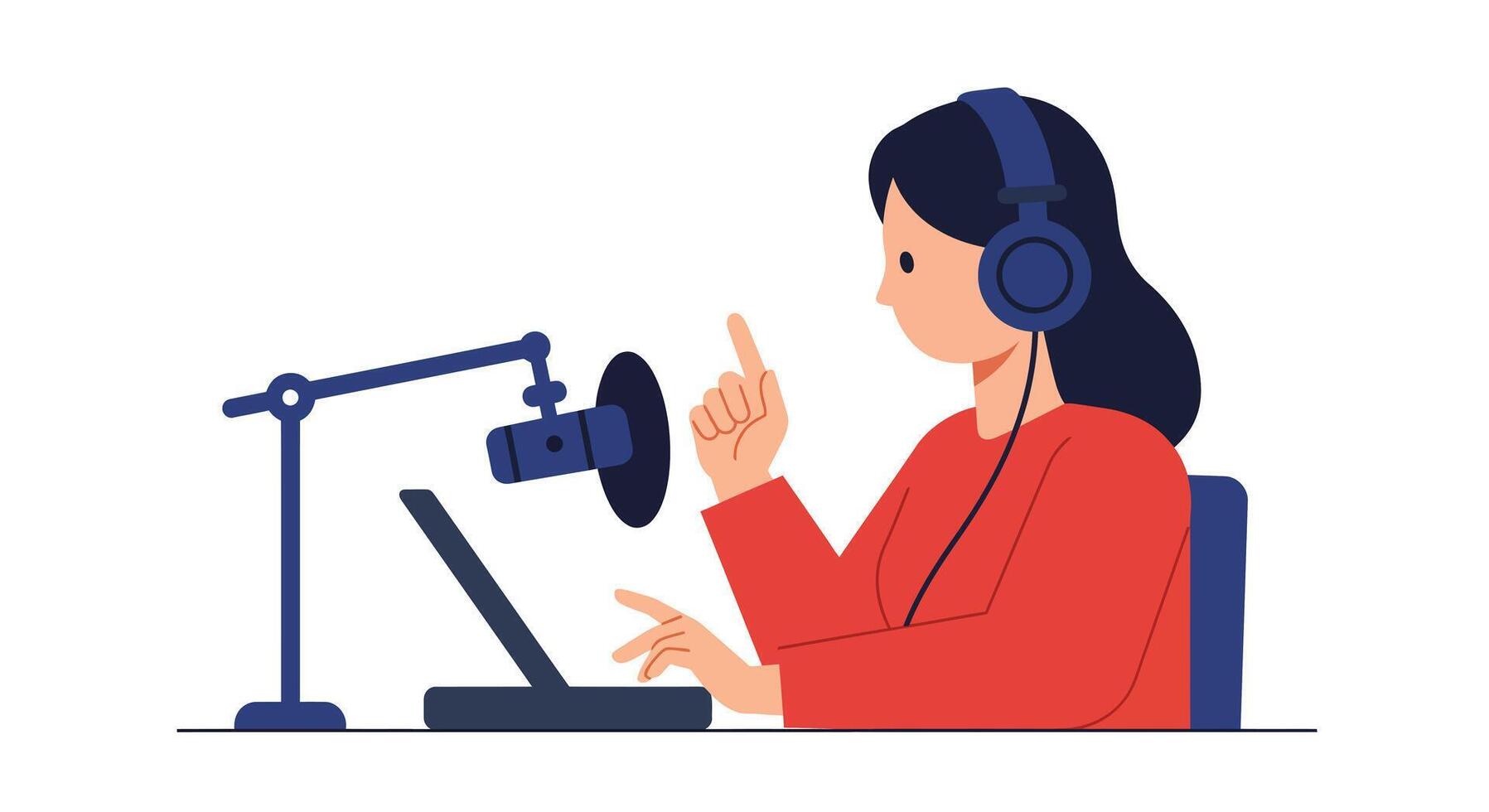 Woman gesturing while recording audio in minimal flat art vector