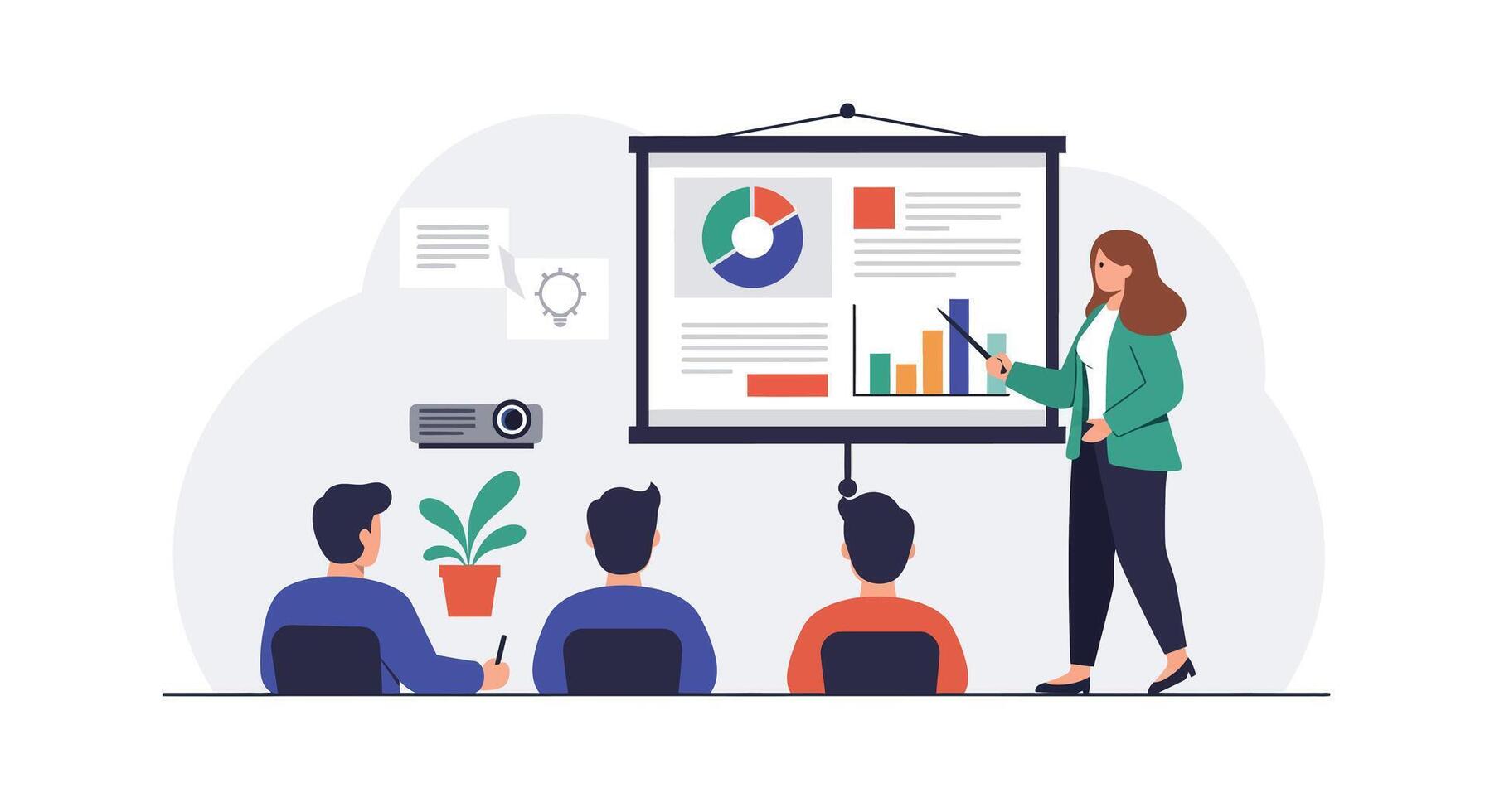 Presentation scene featuring a speaker and audience in a flat design art vector