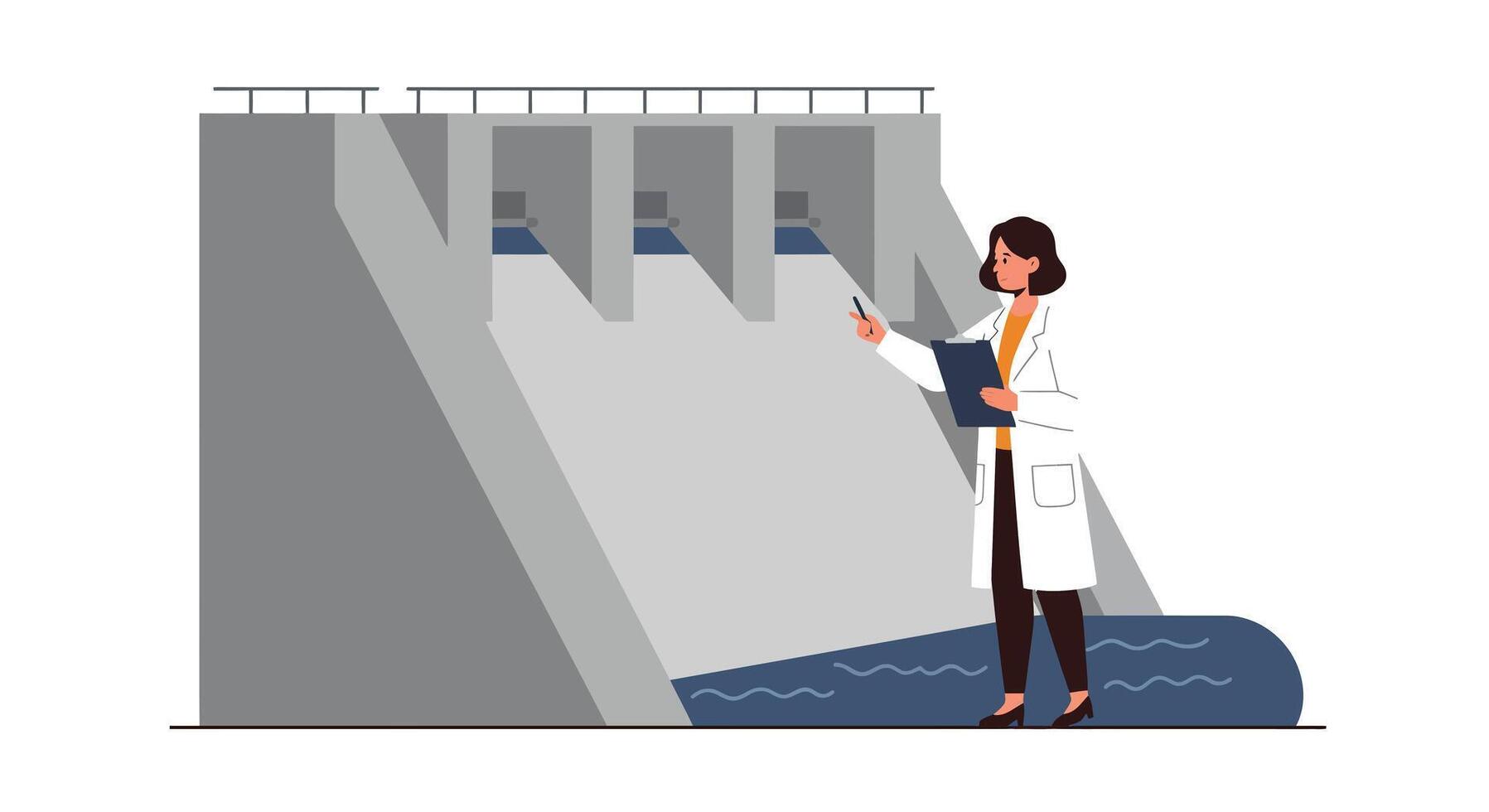 Scientist inspecting water flow at dam in flat art vector