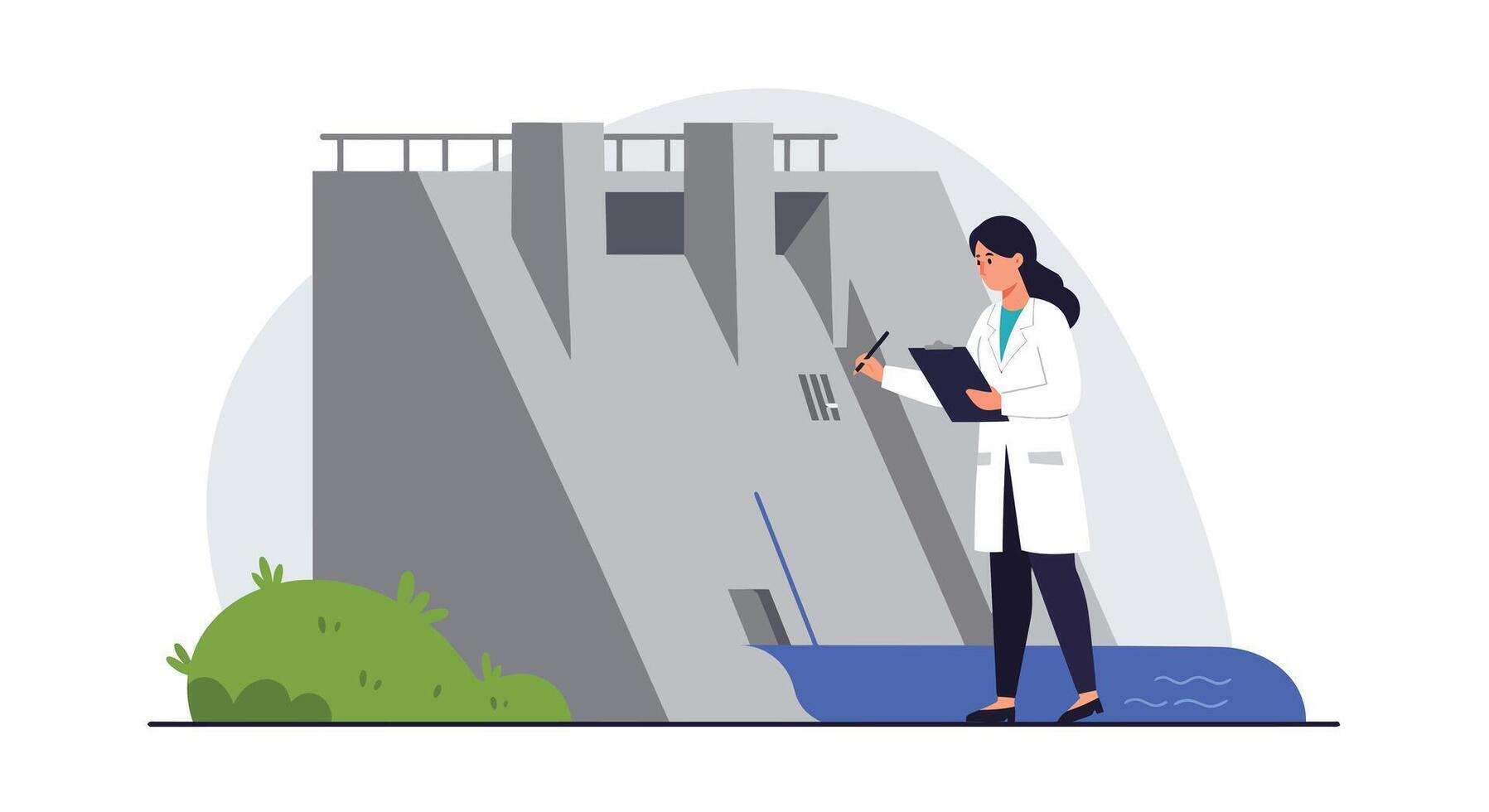 Engineer inspecting a dam in flat digital style illustration vector