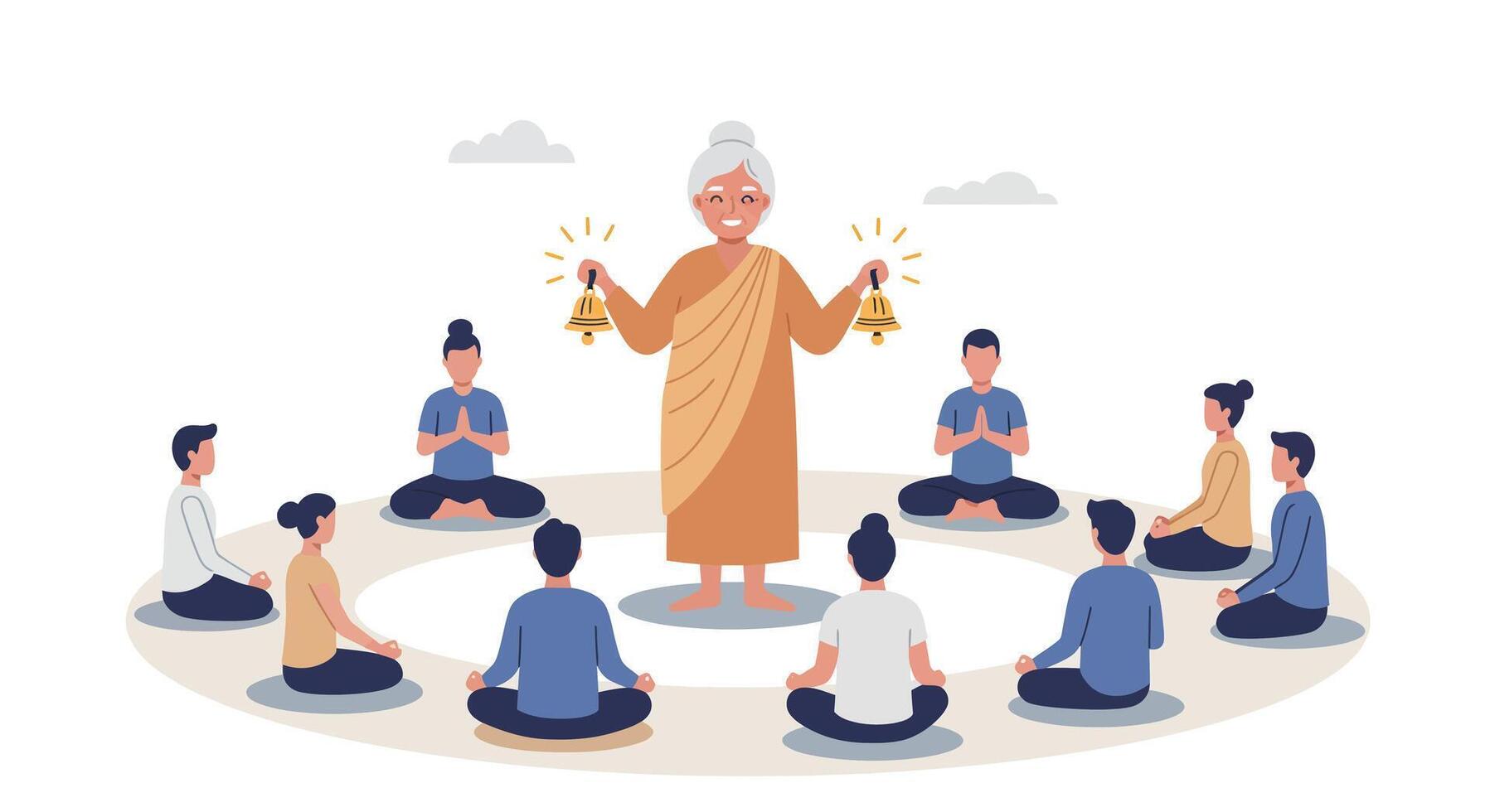 Meditation session with a teacher guiding students in flat art vector
