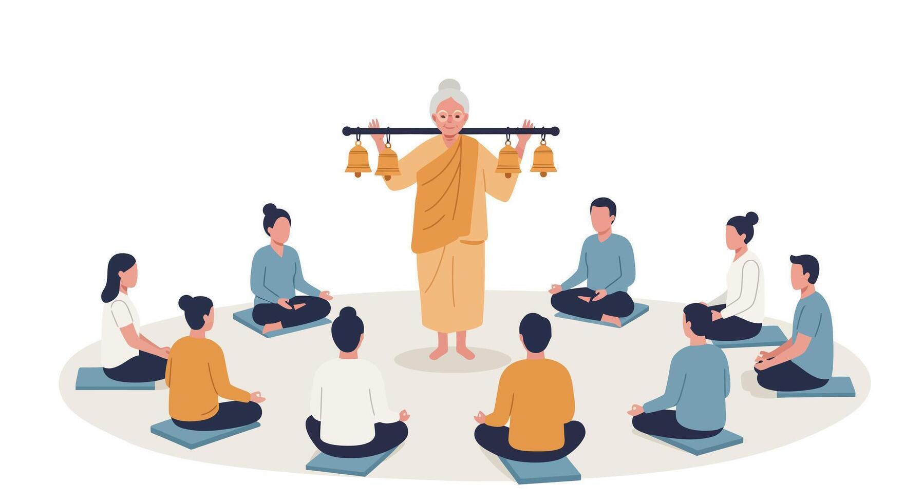 Meditation session with teacher guiding students in flat art illustration vector