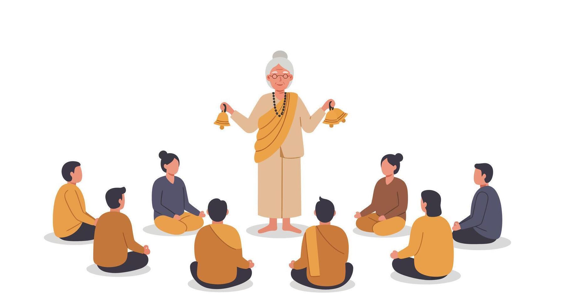 Elderly woman instructing a group of seated individuals in a minimal illustration vector
