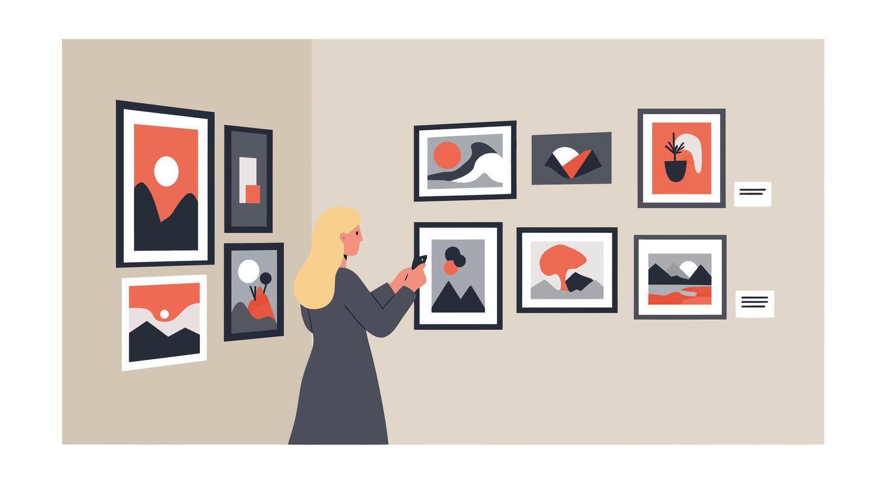 Woman admiring artwork in a gallery with minimalistic flat art illustration vector