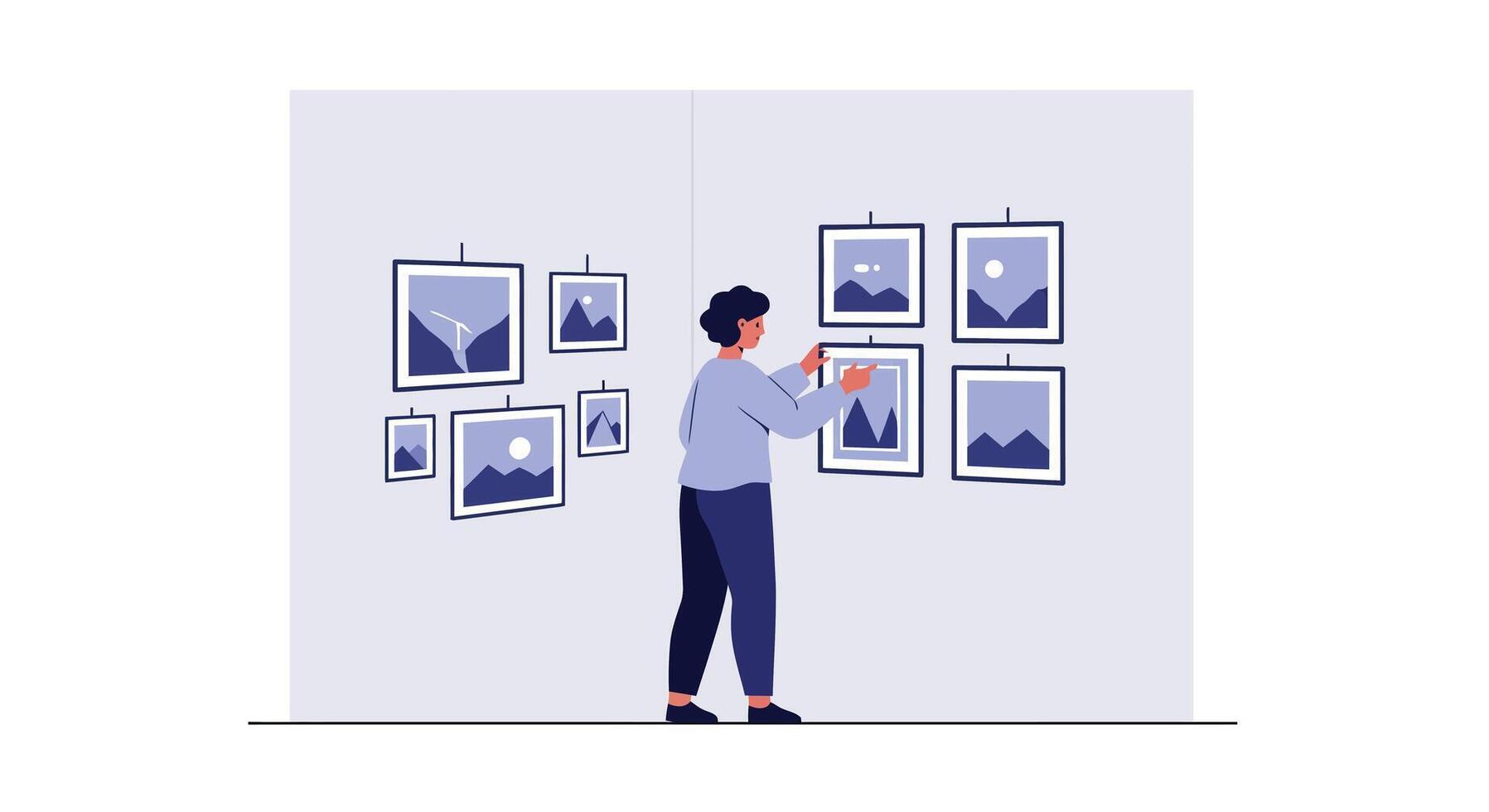 Person arranging pictures in a gallery setting with flat art style illustration vector