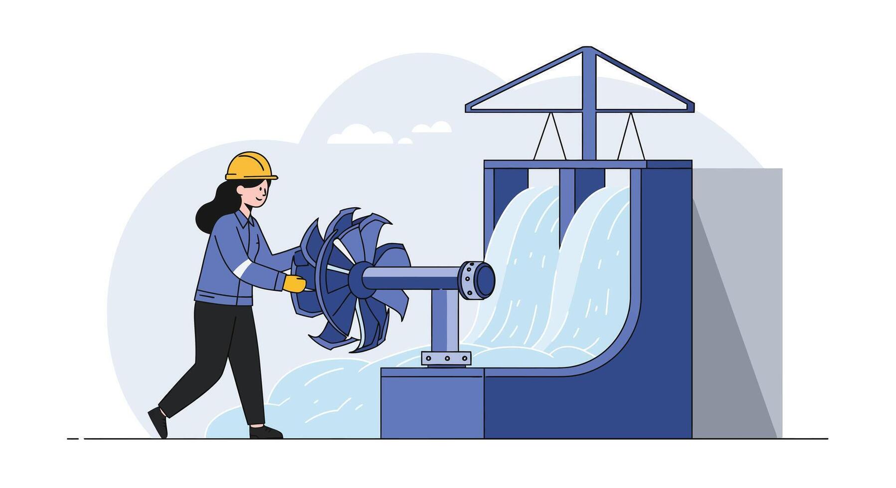 Worker operating a water turbine in flat art style with flowing water illustration vector