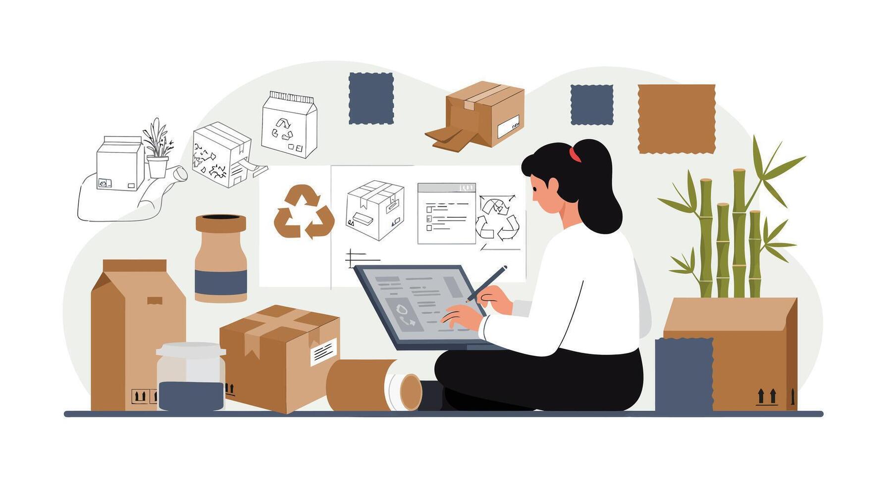Woman creating designs with various packaging materials in flat art vector