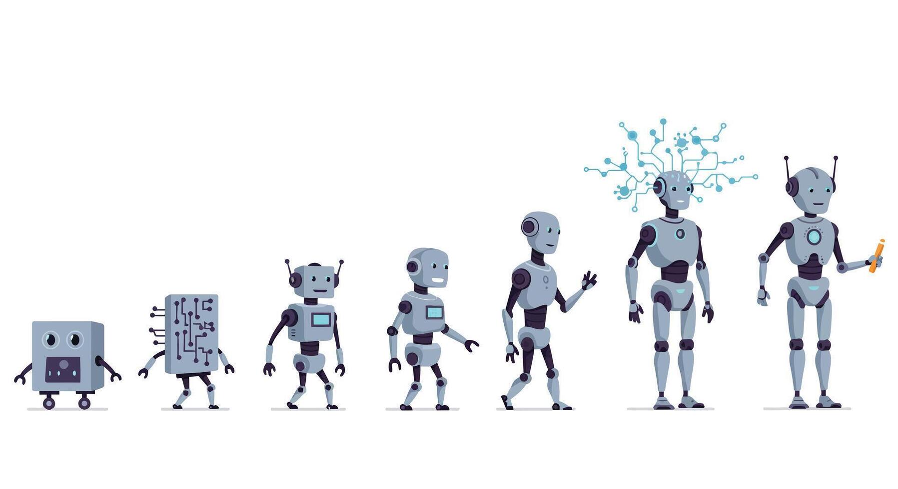 Robots evolving from simple design to complex intelligence in flat illustration vector