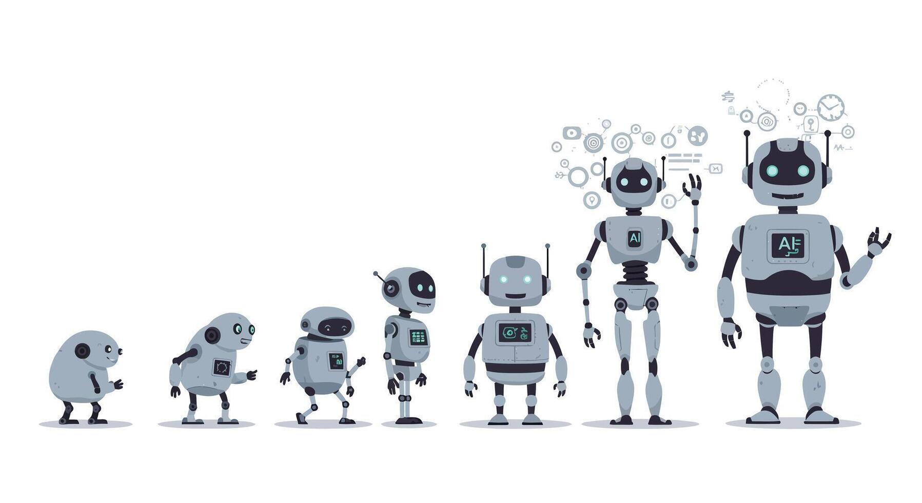 Robot evolution from simple shapes to advanced humanoid design in flat art vector