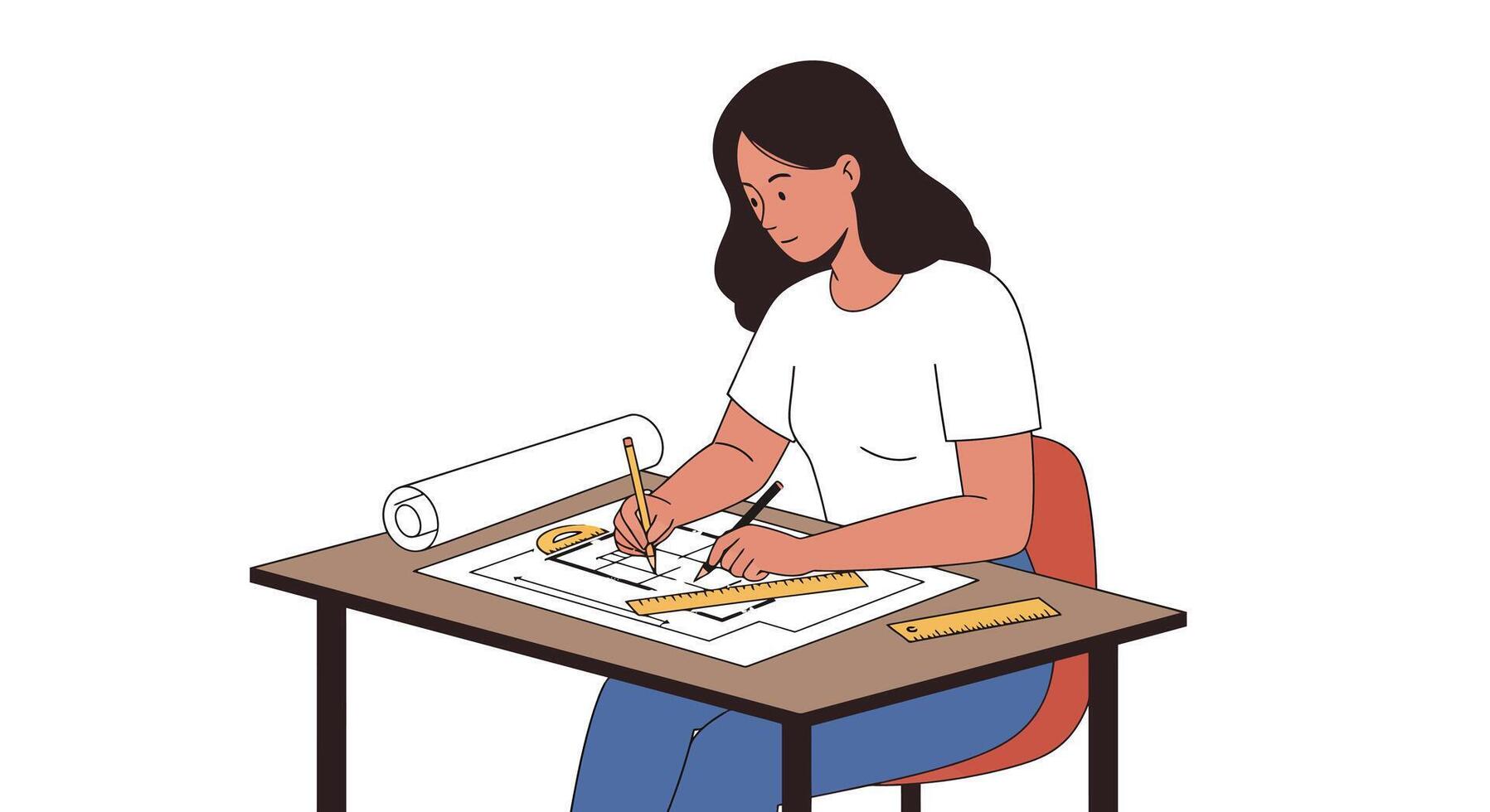 Woman sketching design on paper at desk in flat art vector