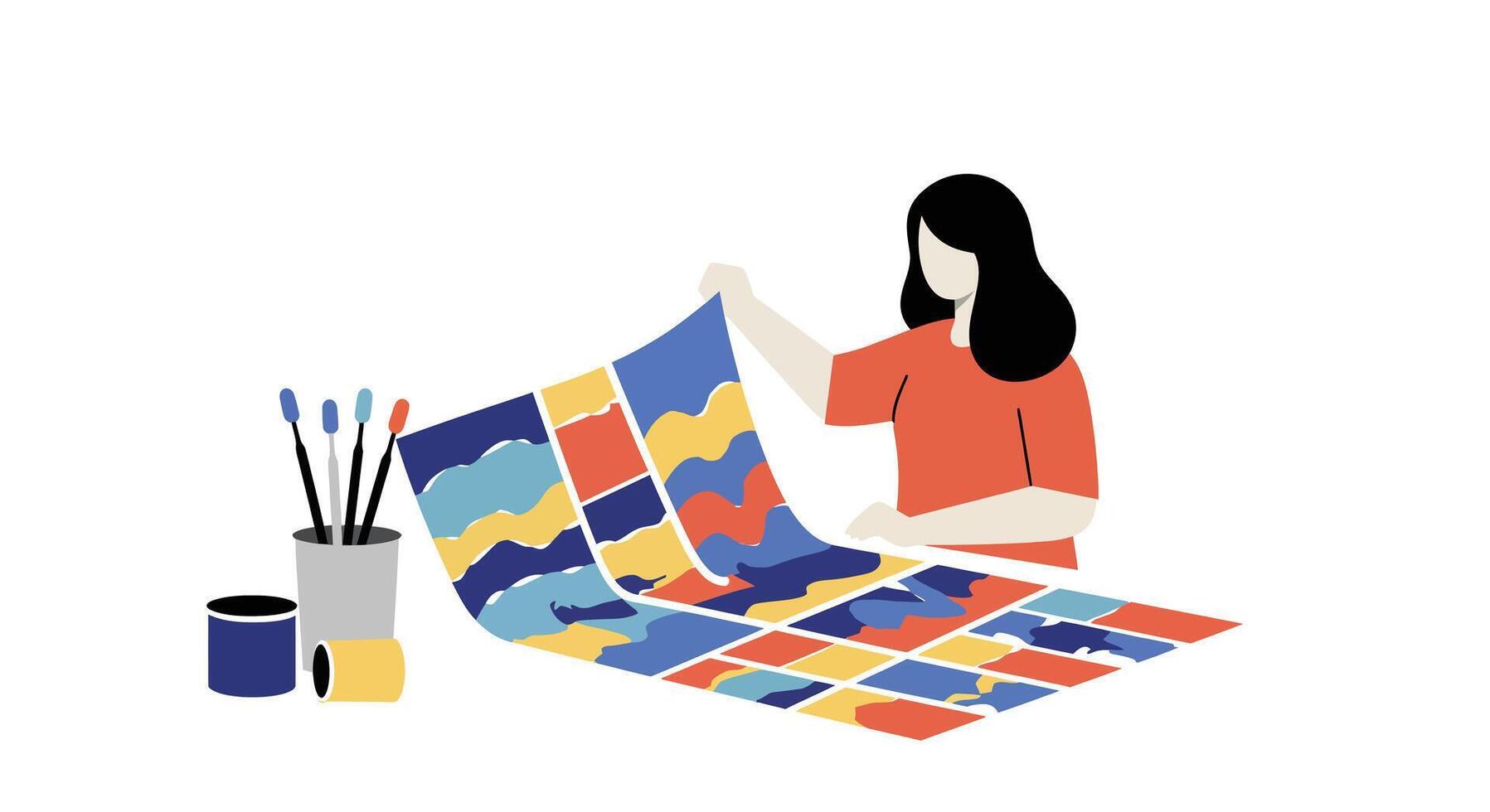 Artist creating vibrant patterns with color palette in minimal illustration vector