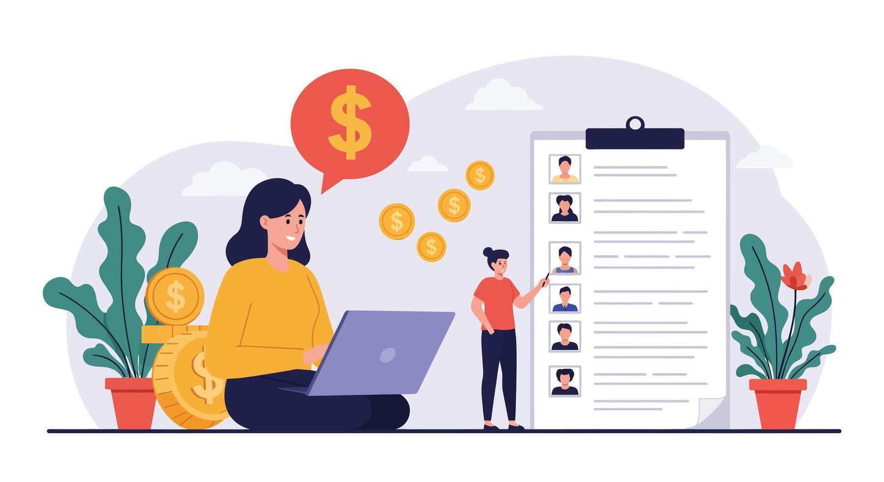 Woman working on laptop with clipboard and money symbols in flat art vector