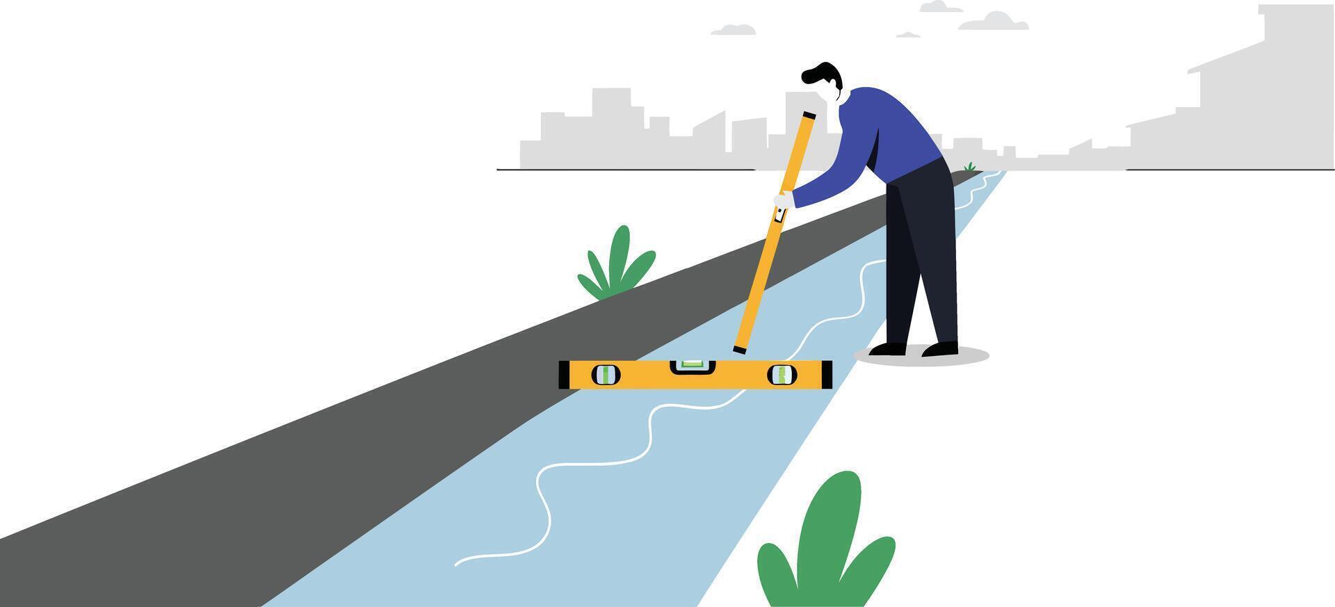 Worker using a level tool on a construction site in minimalist art vector