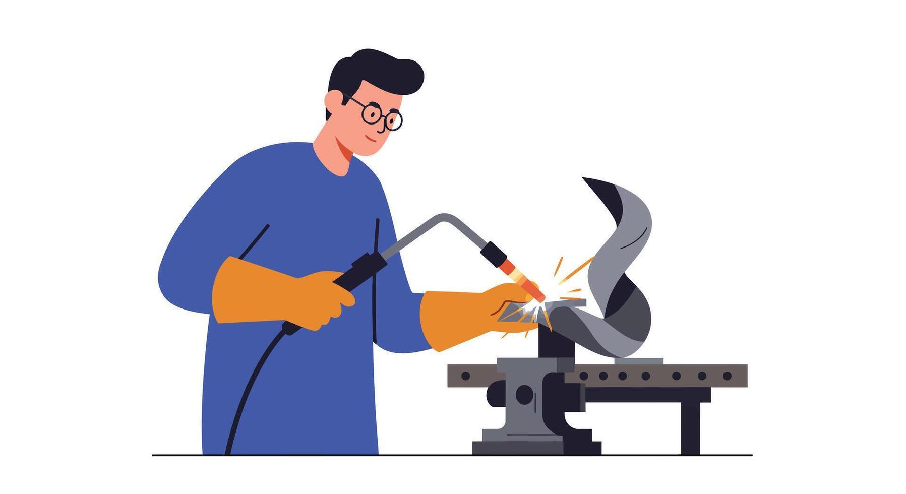 Welder working with metal on a bench in flat art vector