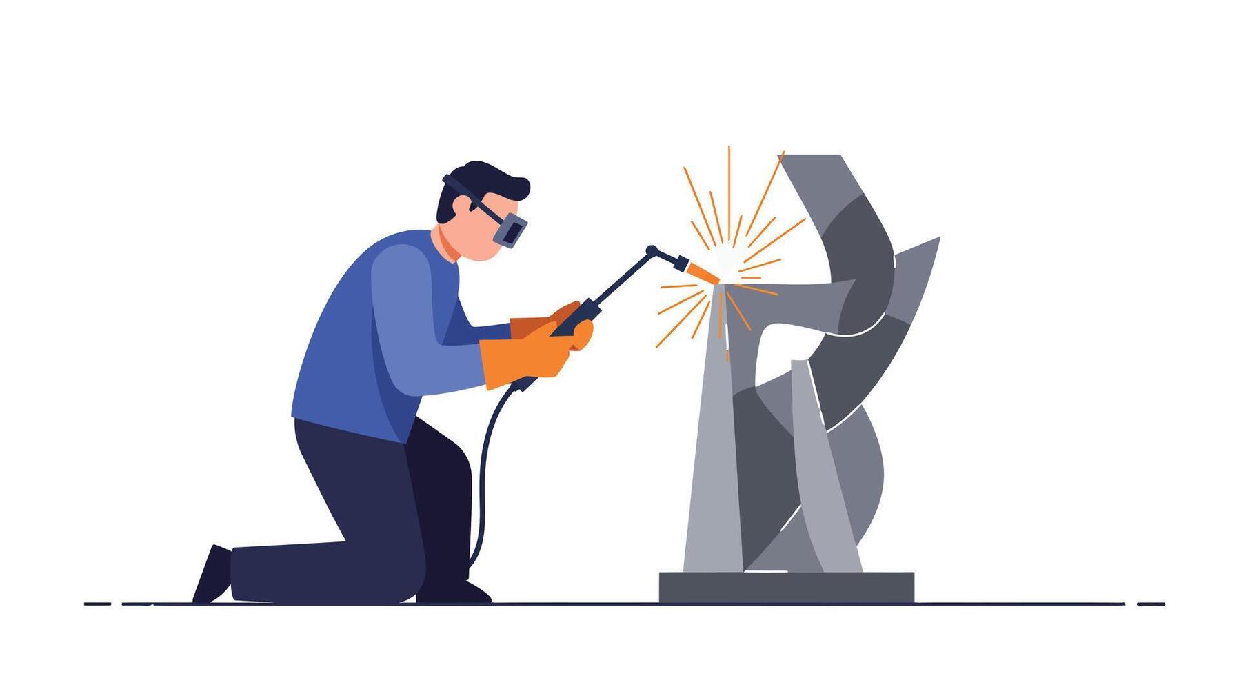Welder in Action Using Welding Tool for Metal Sculpture Creation in Flat Art vector
