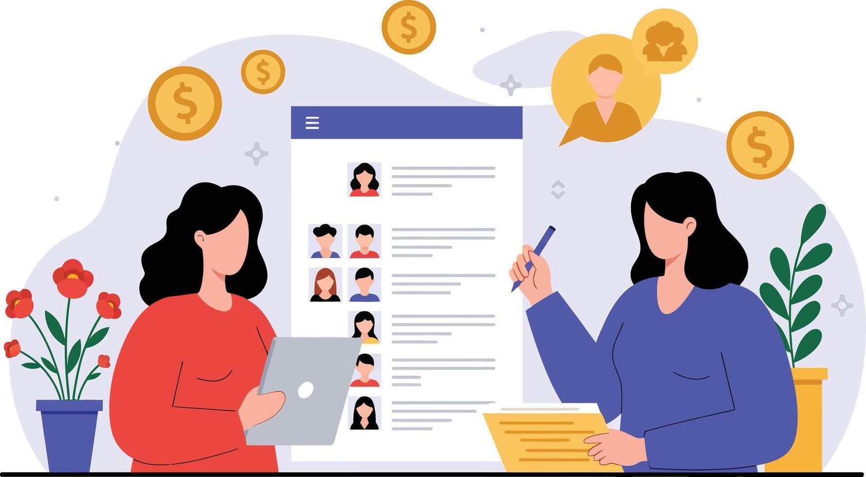 Two women collaborating on a project with colorful charts in flat art vector