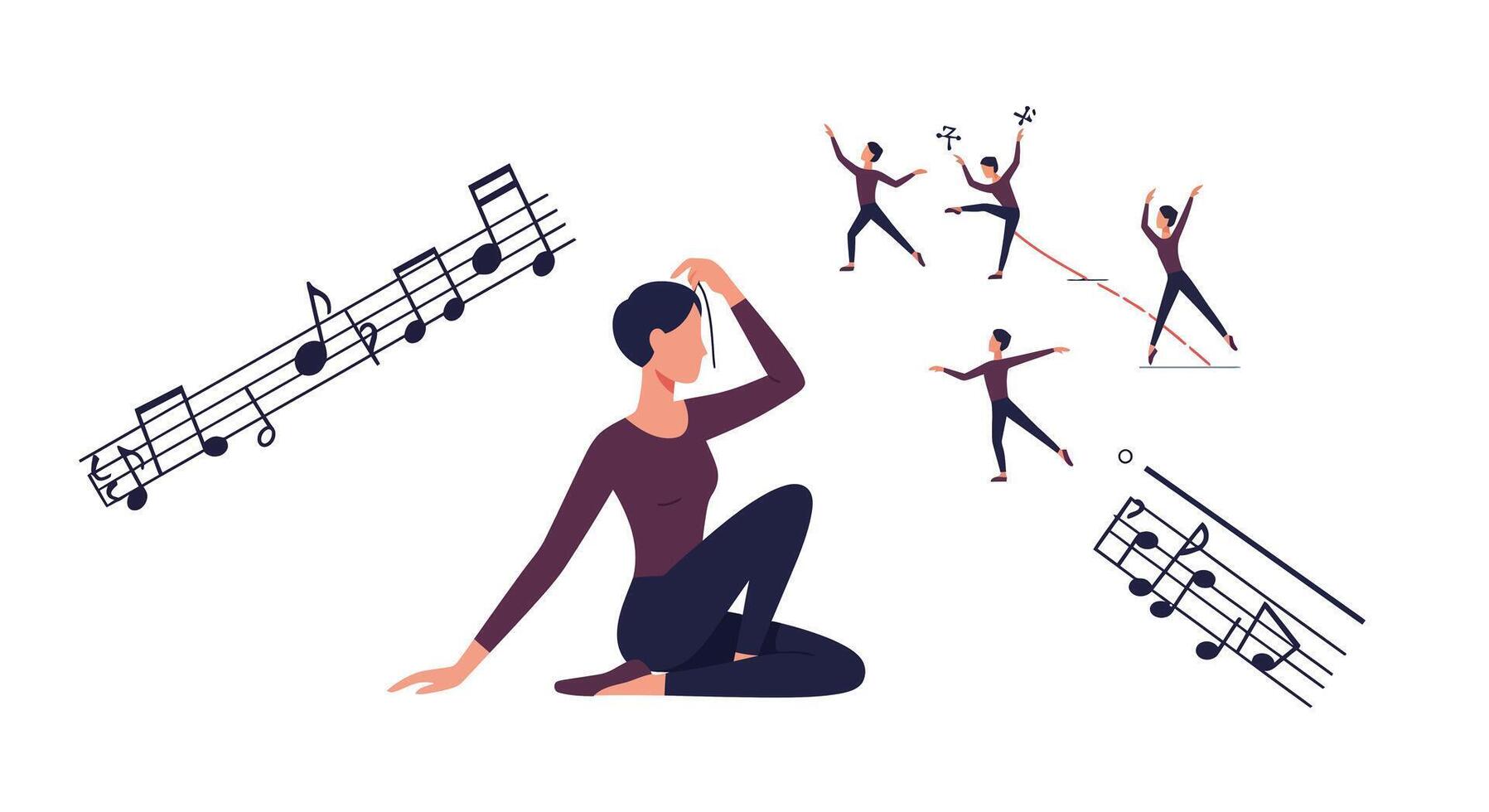 Woman sitting with music notes and dancers in a minimal illustration vector