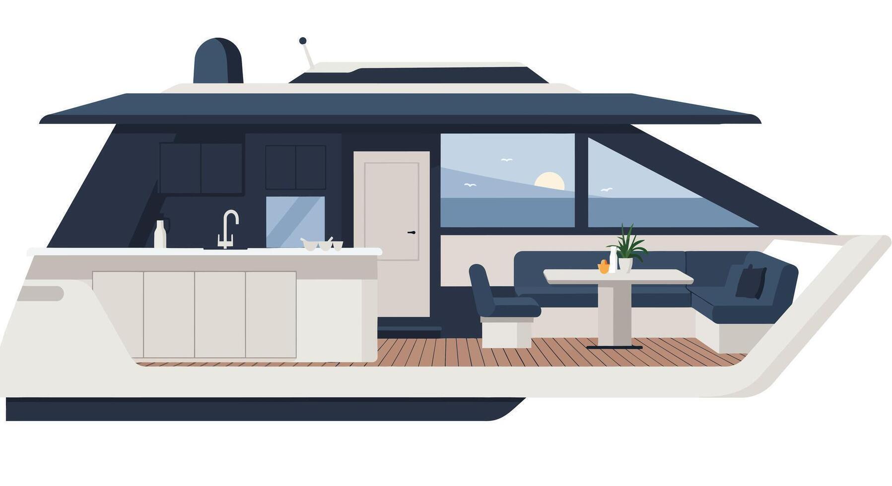 Modern yacht interior design in minimal style showcasing kitchen and seating area art vector