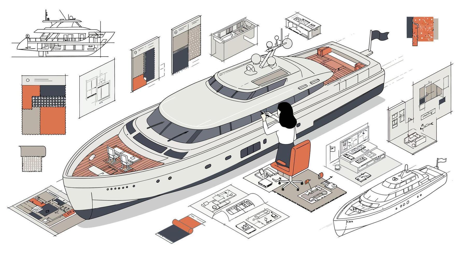 Yacht design process illustrated in a flat art style featuring multiple frames vector