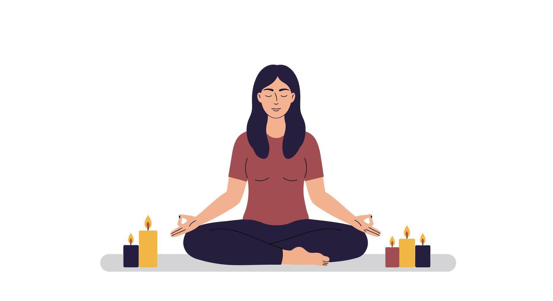 Woman meditating with candles in a calm setting, flat art vector