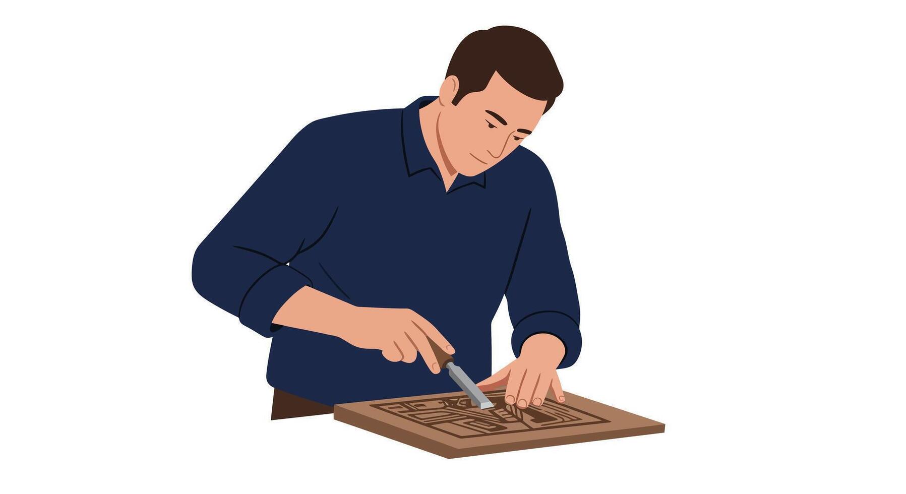 Man meticulously carving intricate patterns in wood, flat illustration vector