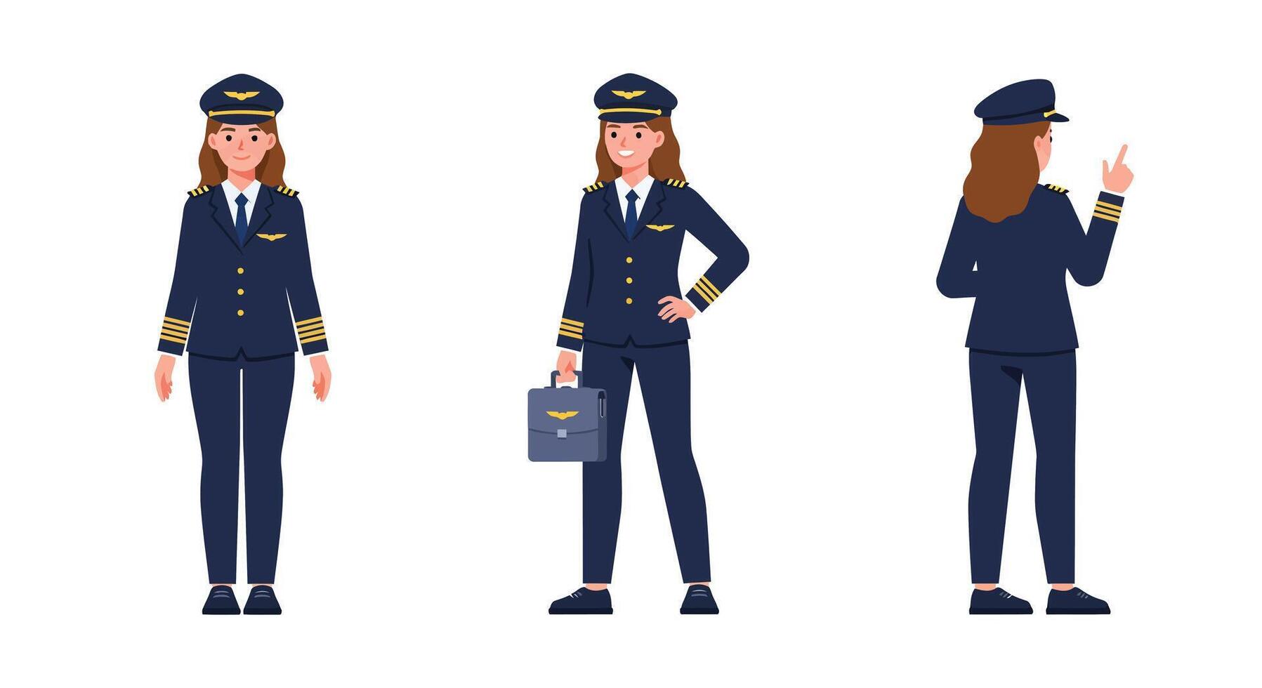 Pilot character shown in three frames with minimal design style art vector