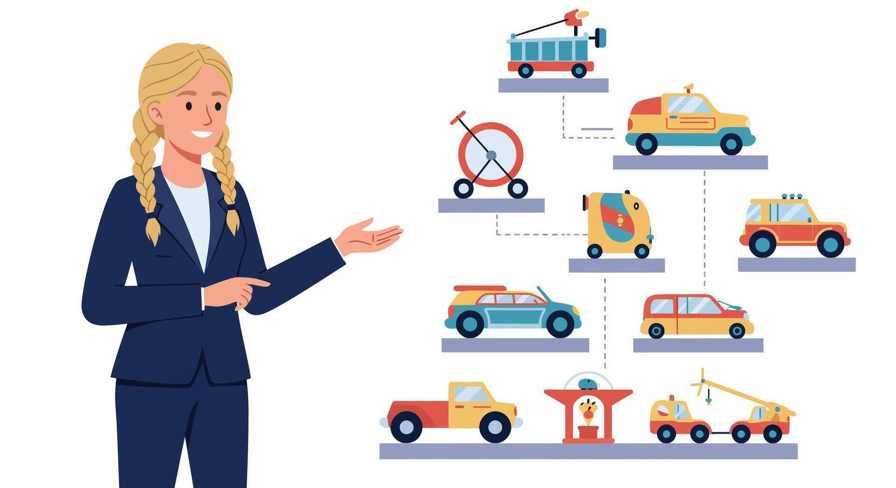 Woman presenting various types of vehicles in minimal flat design illustration vector